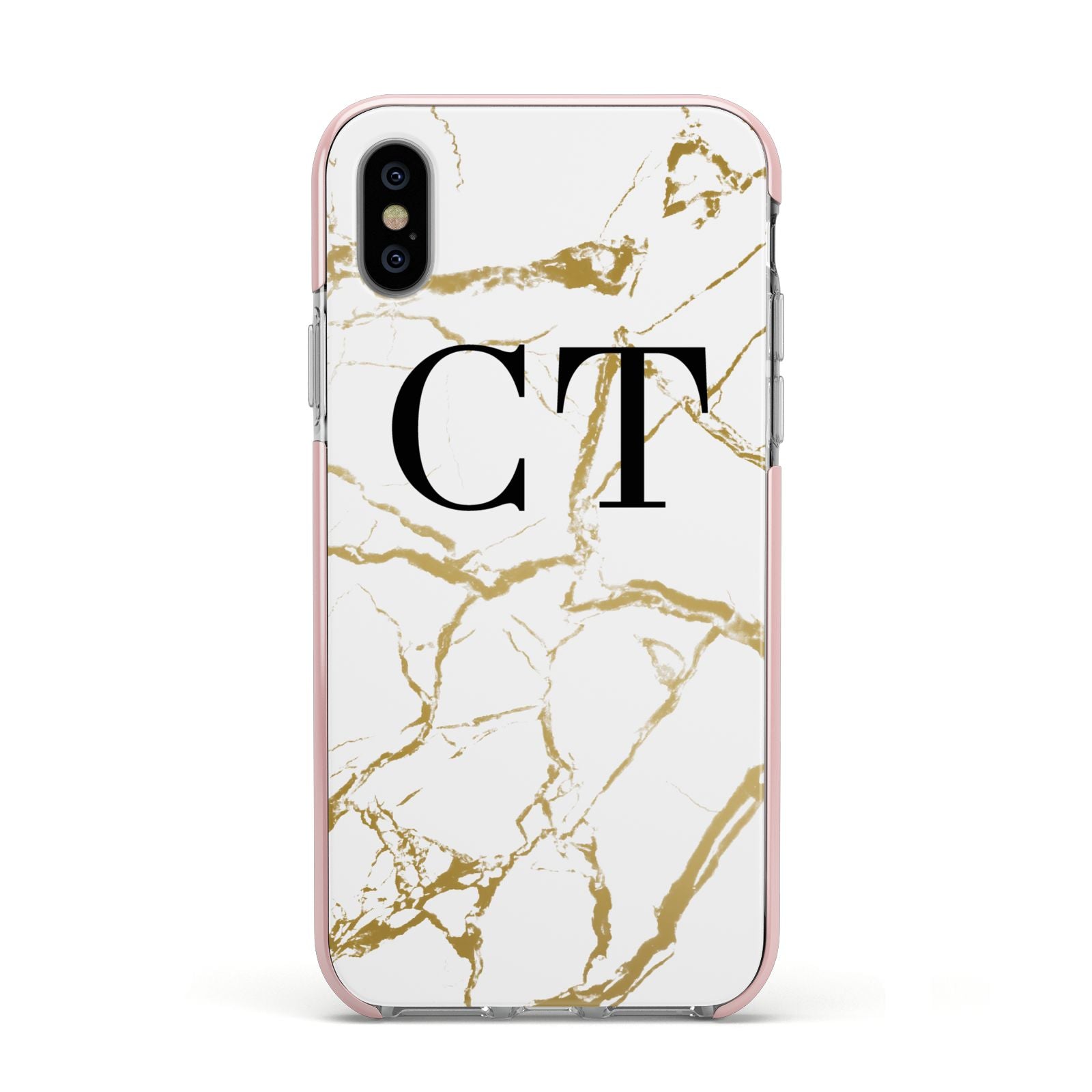 Personalised Gold Veins White Marble Monogram Apple iPhone Xs Impact Case Pink Edge on Silver Phone