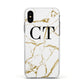 Personalised Gold Veins White Marble Monogram Apple iPhone Xs Impact Case White Edge on Black Phone