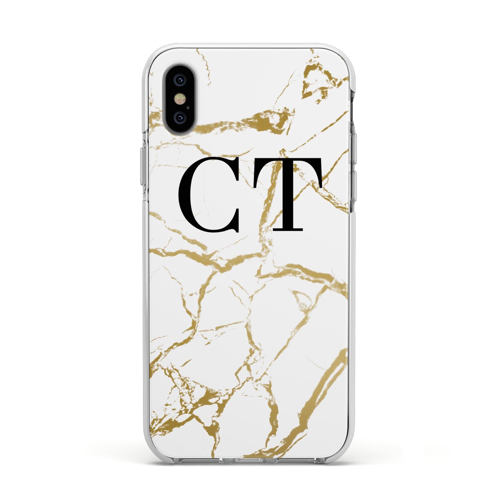 Personalised Gold Veins White Marble Monogram Apple iPhone Xs Impact Case White Edge on Silver Phone