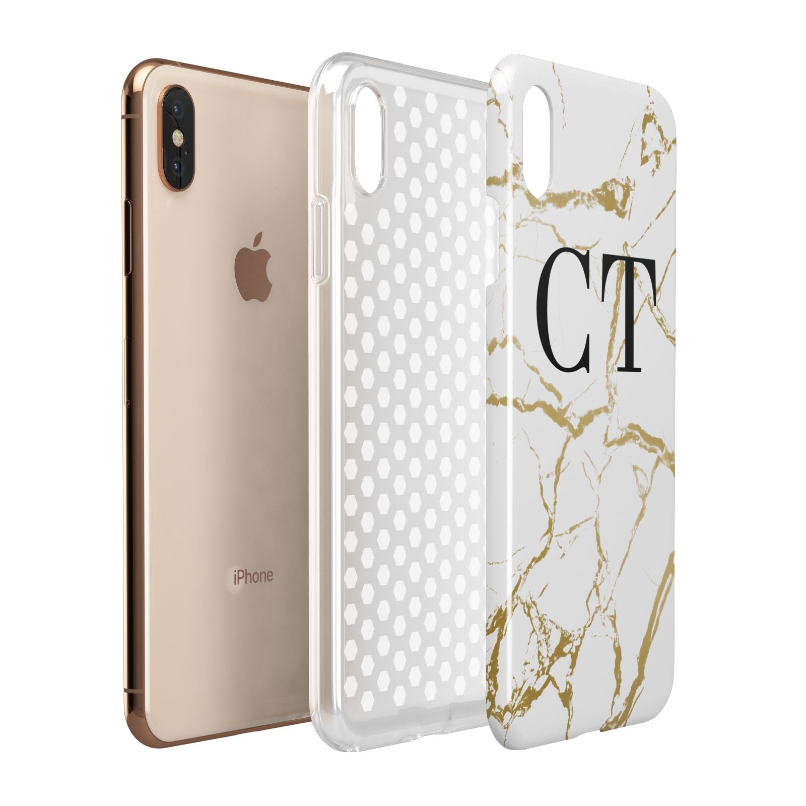 Personalised Gold Veins White Marble Monogram Apple iPhone Xs Max 3D Tough Case Expanded View