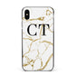 Personalised Gold Veins White Marble Monogram Apple iPhone Xs Max Impact Case Black Edge on Silver Phone