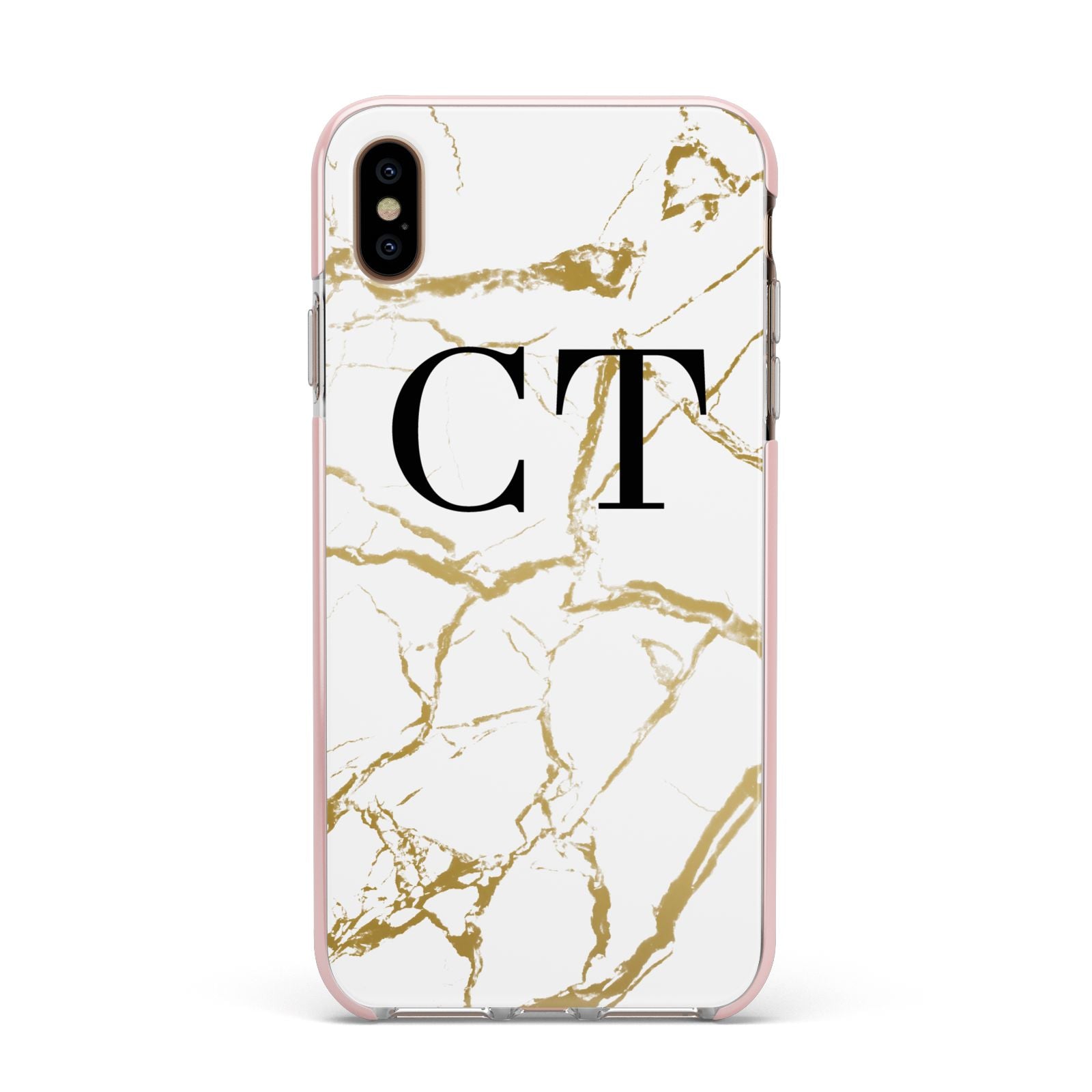 Personalised Gold Veins White Marble Monogram Apple iPhone Xs Max Impact Case Pink Edge on Gold Phone