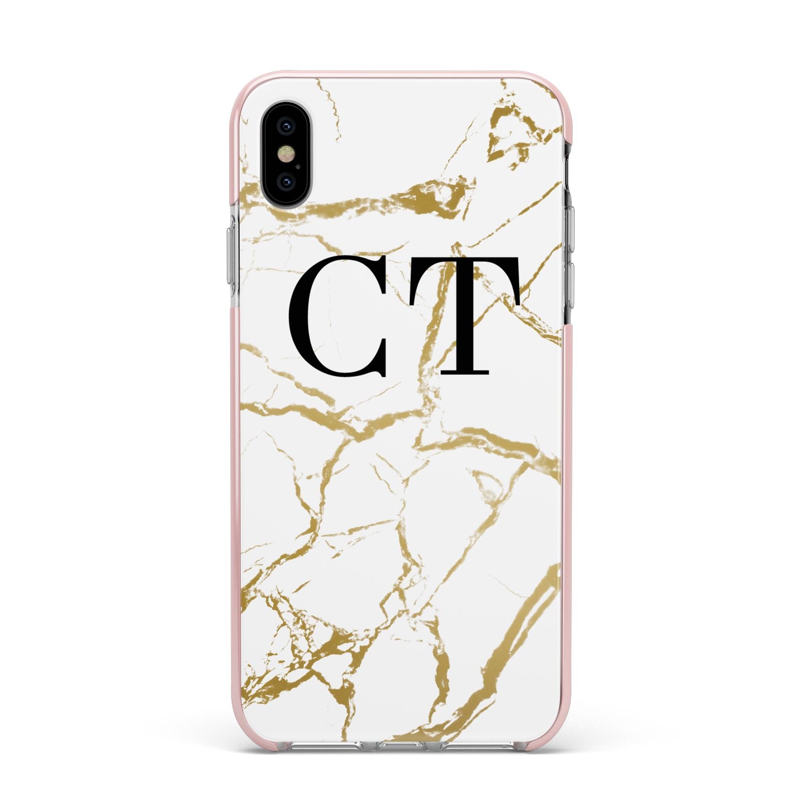 Personalised Gold Veins White Marble Monogram Apple iPhone Xs Max Impact Case Pink Edge on Silver Phone