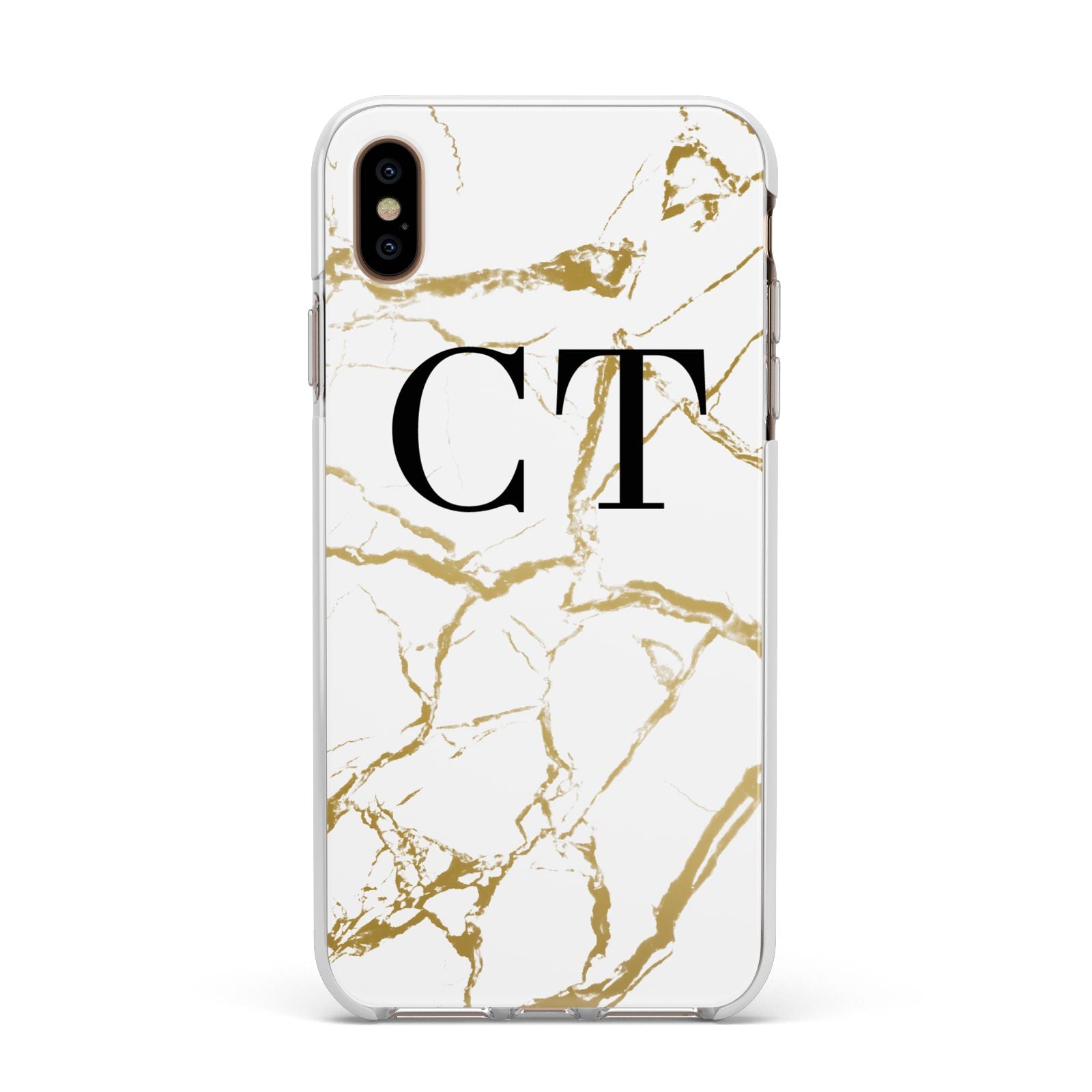 Personalised Gold Veins White Marble Monogram Apple iPhone Xs Max Impact Case White Edge on Gold Phone