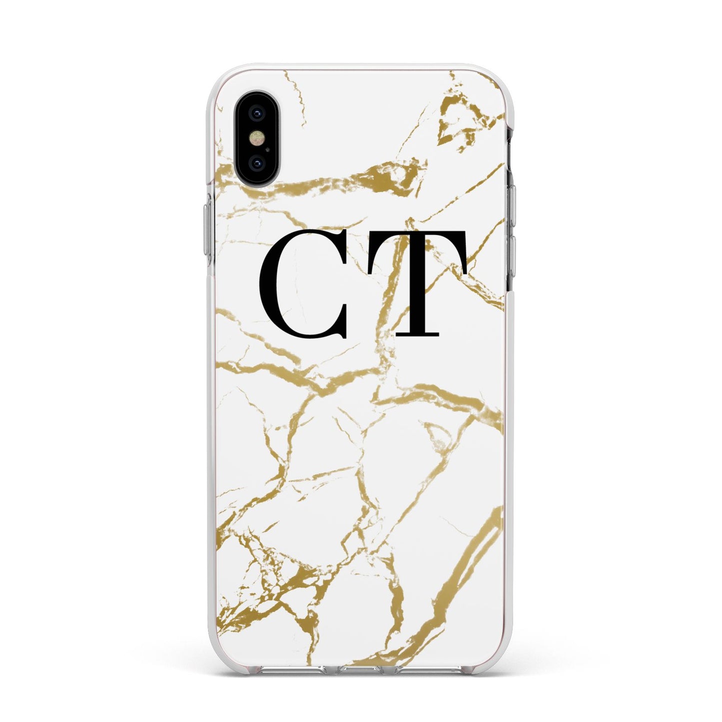 Personalised Gold Veins White Marble Monogram Apple iPhone Xs Max Impact Case White Edge on Silver Phone