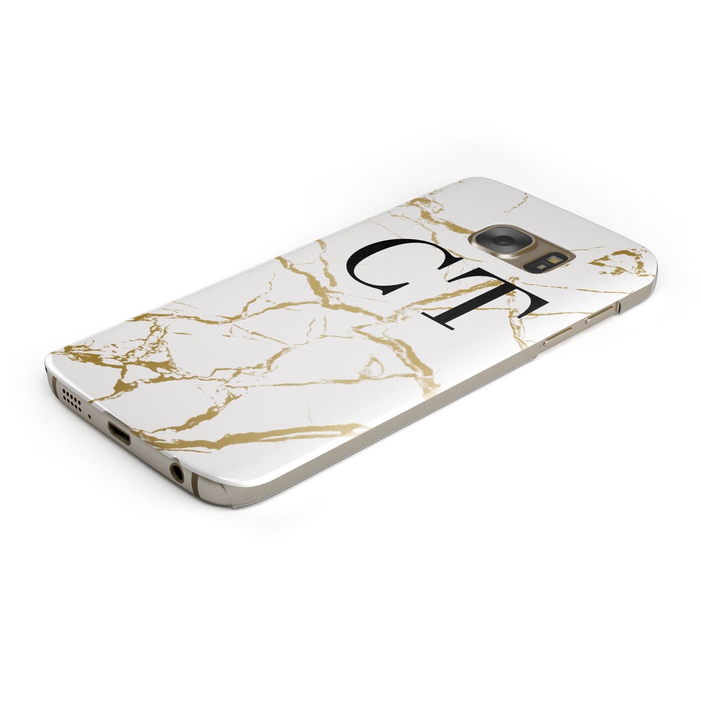 Personalised Gold Veins White Marble Monogram Protective Samsung Galaxy Case Angled Image