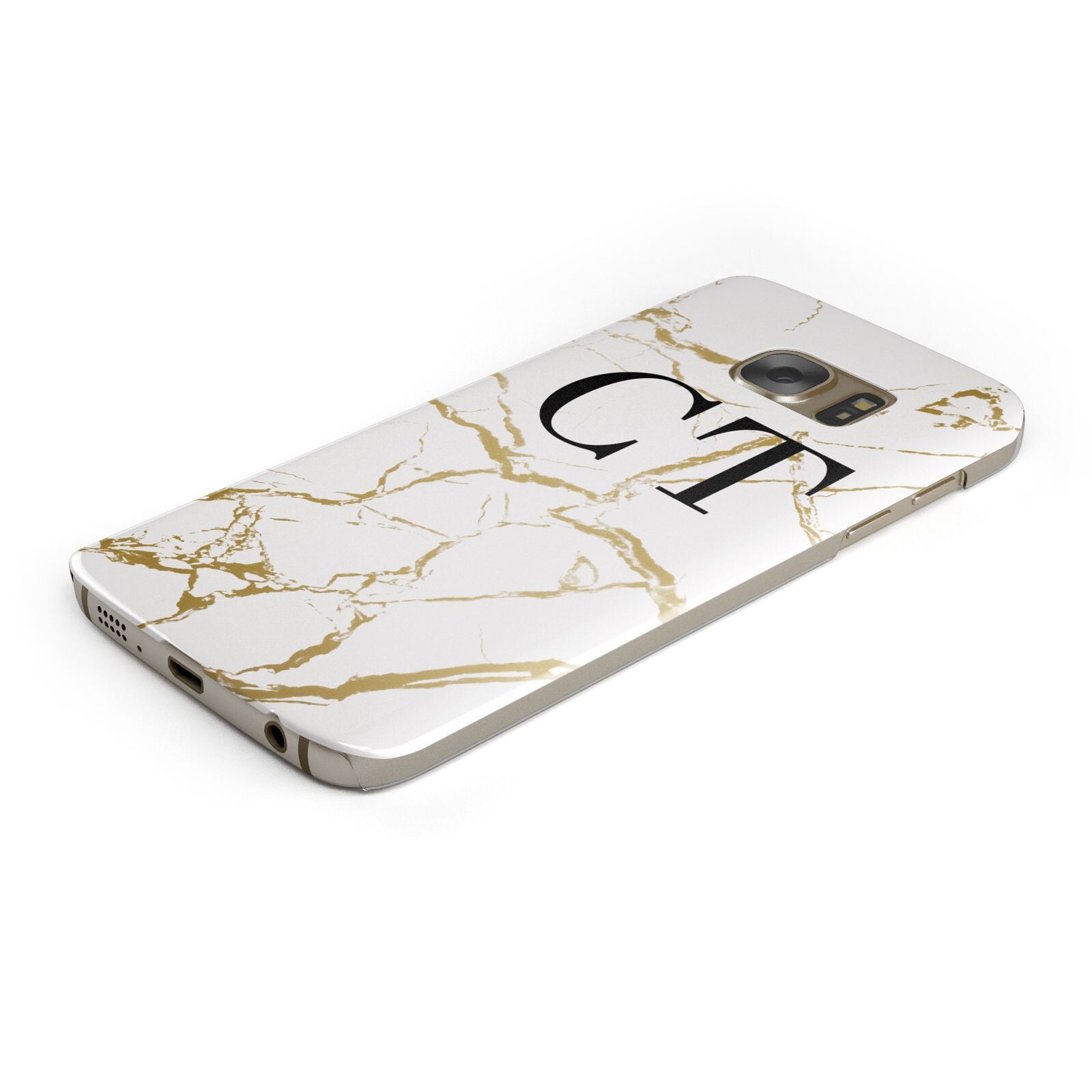 Personalised Gold Veins White Marble Monogram Protective Samsung Galaxy Case Angled Image