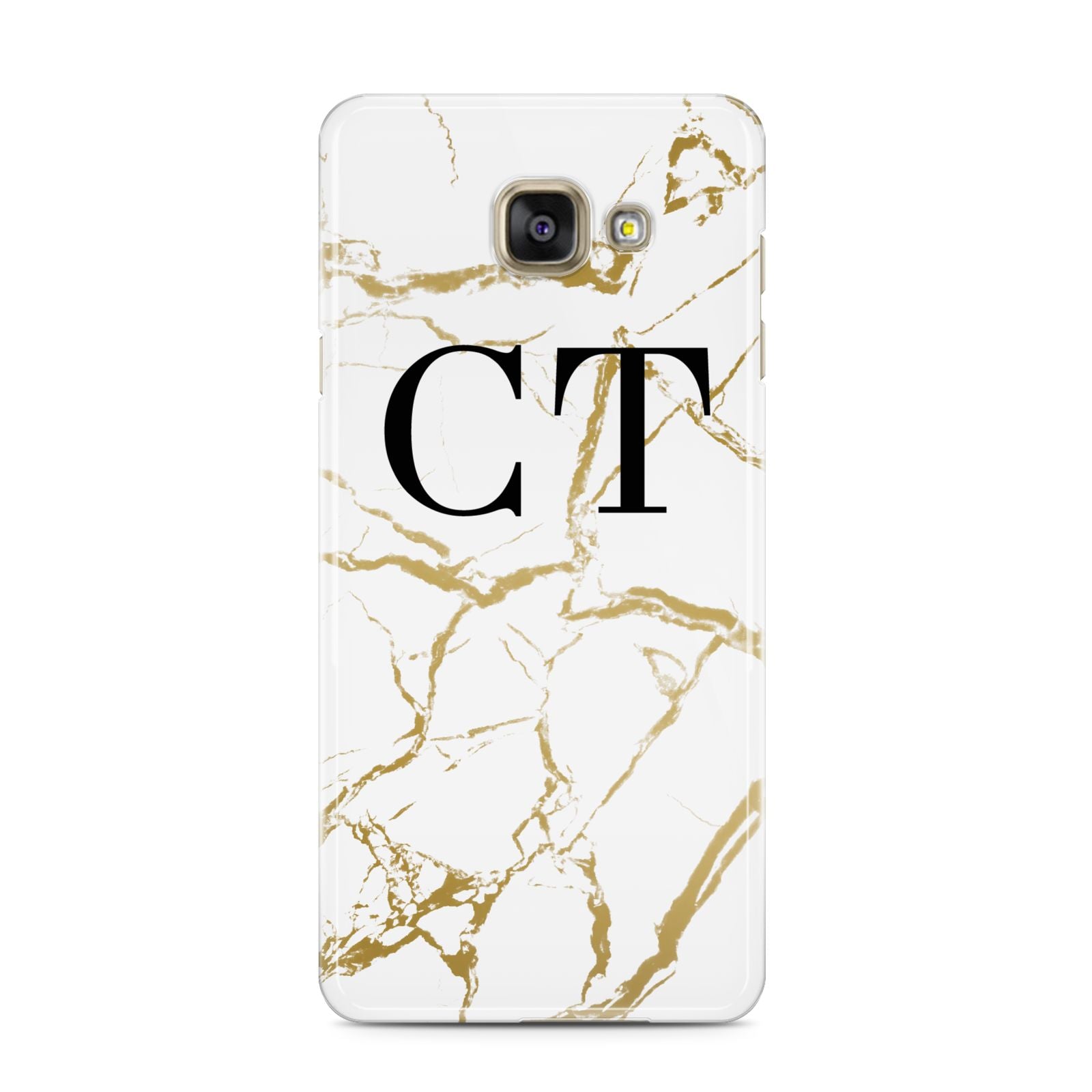 Personalised Gold Veins White Marble Monogram Samsung Galaxy A3 2016 Case on gold phone