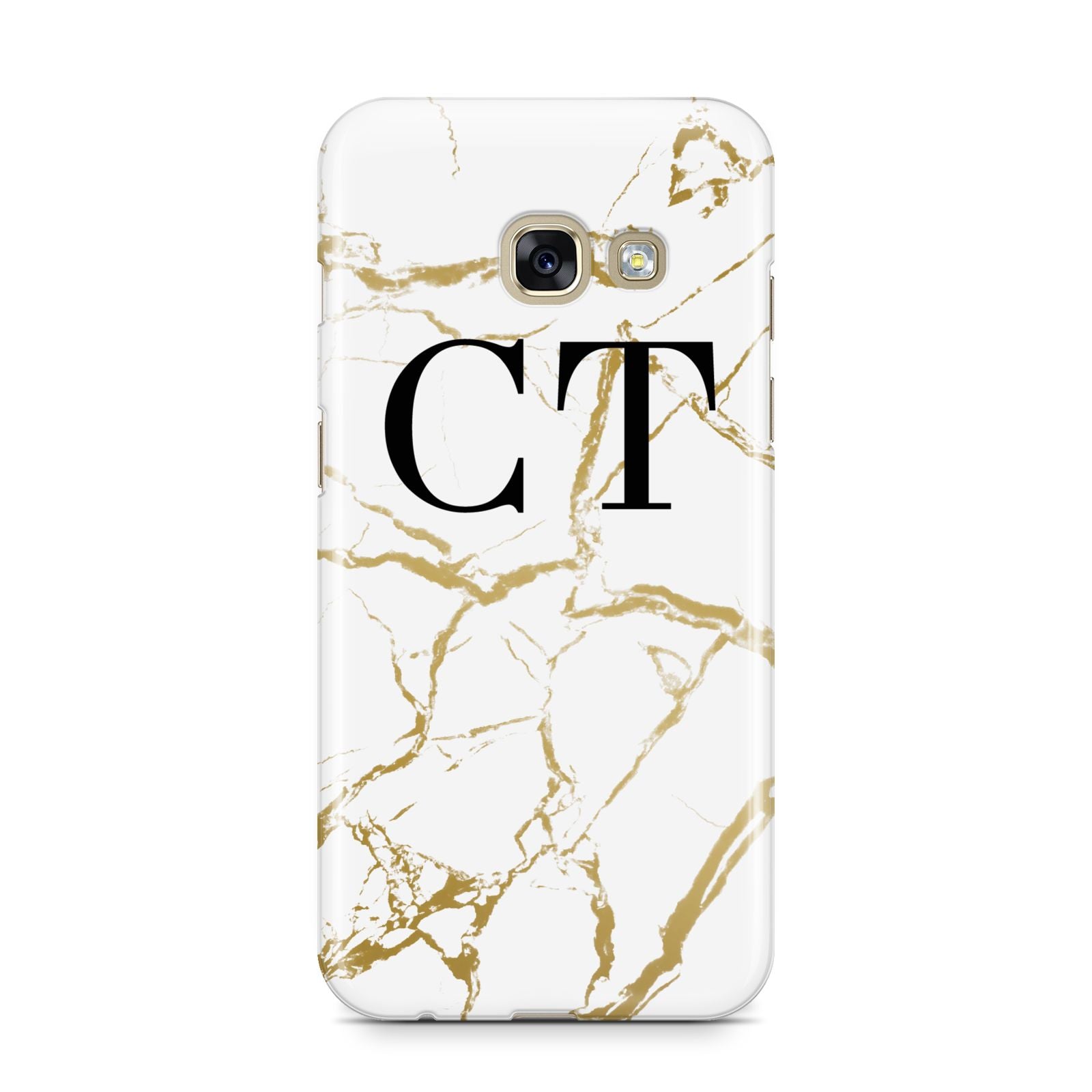 Personalised Gold Veins White Marble Monogram Samsung Galaxy A3 2017 Case on gold phone