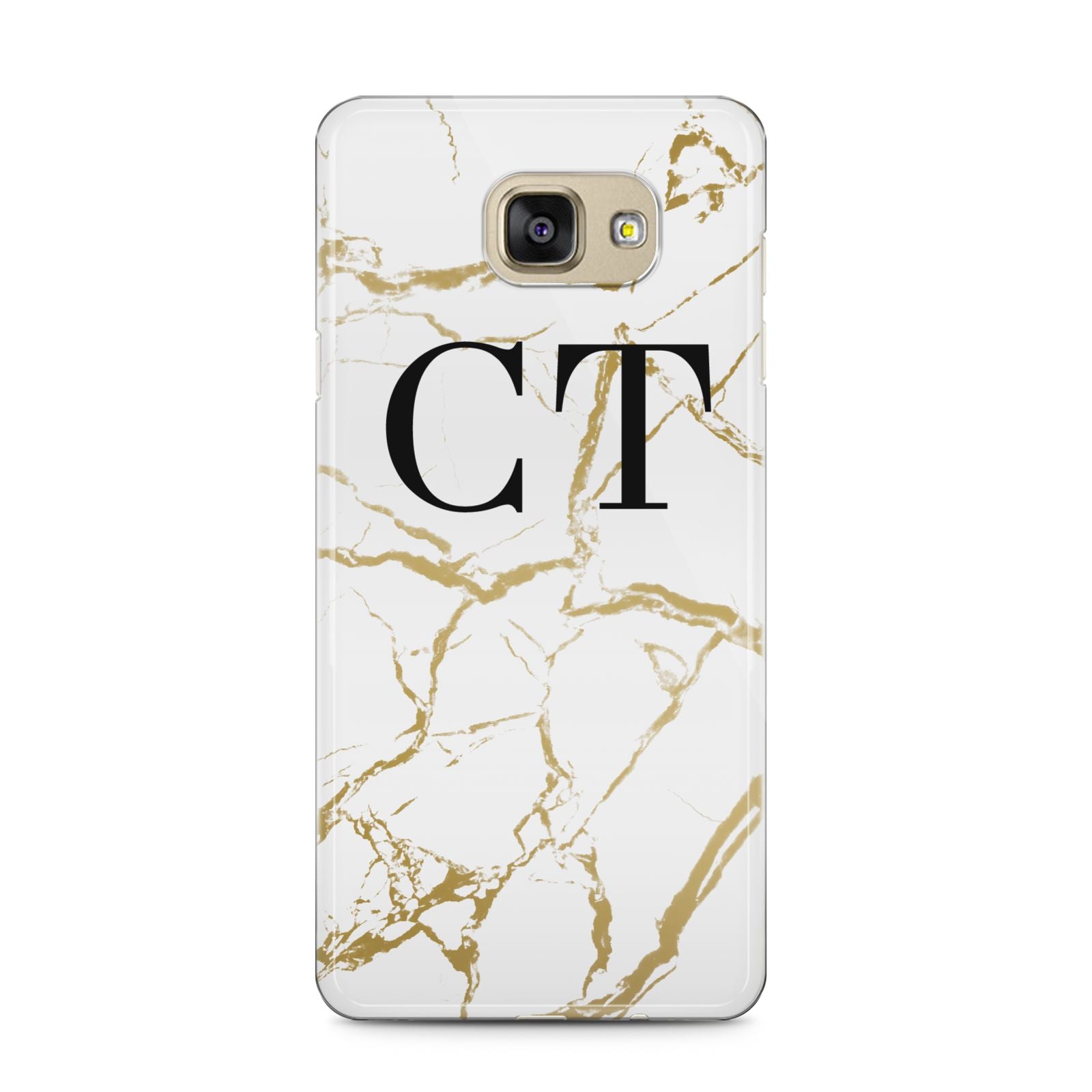 Personalised Gold Veins White Marble Monogram Samsung Galaxy A5 2016 Case on gold phone