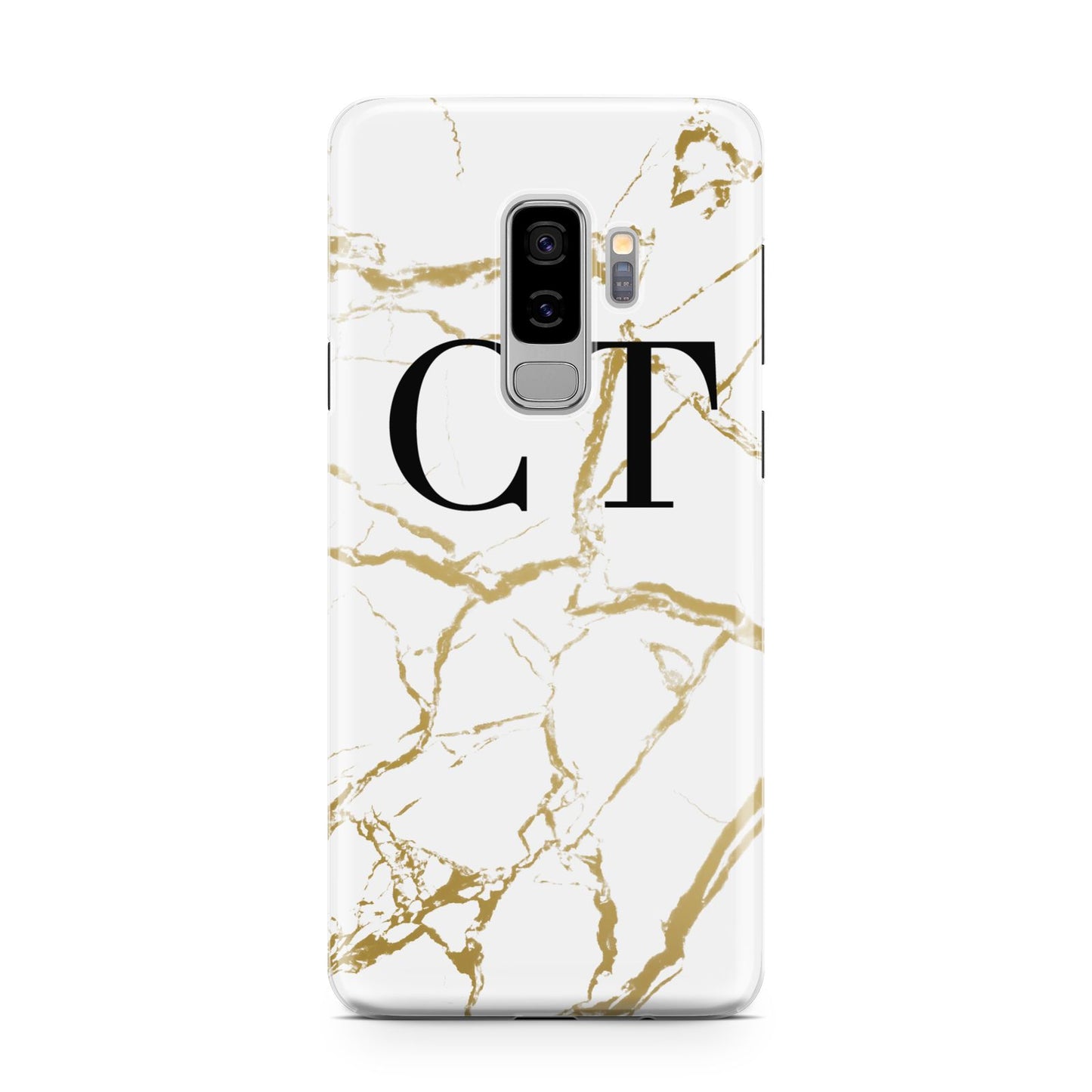 Personalised Gold Veins White Marble Monogram Samsung Galaxy S9 Plus Case on Silver phone