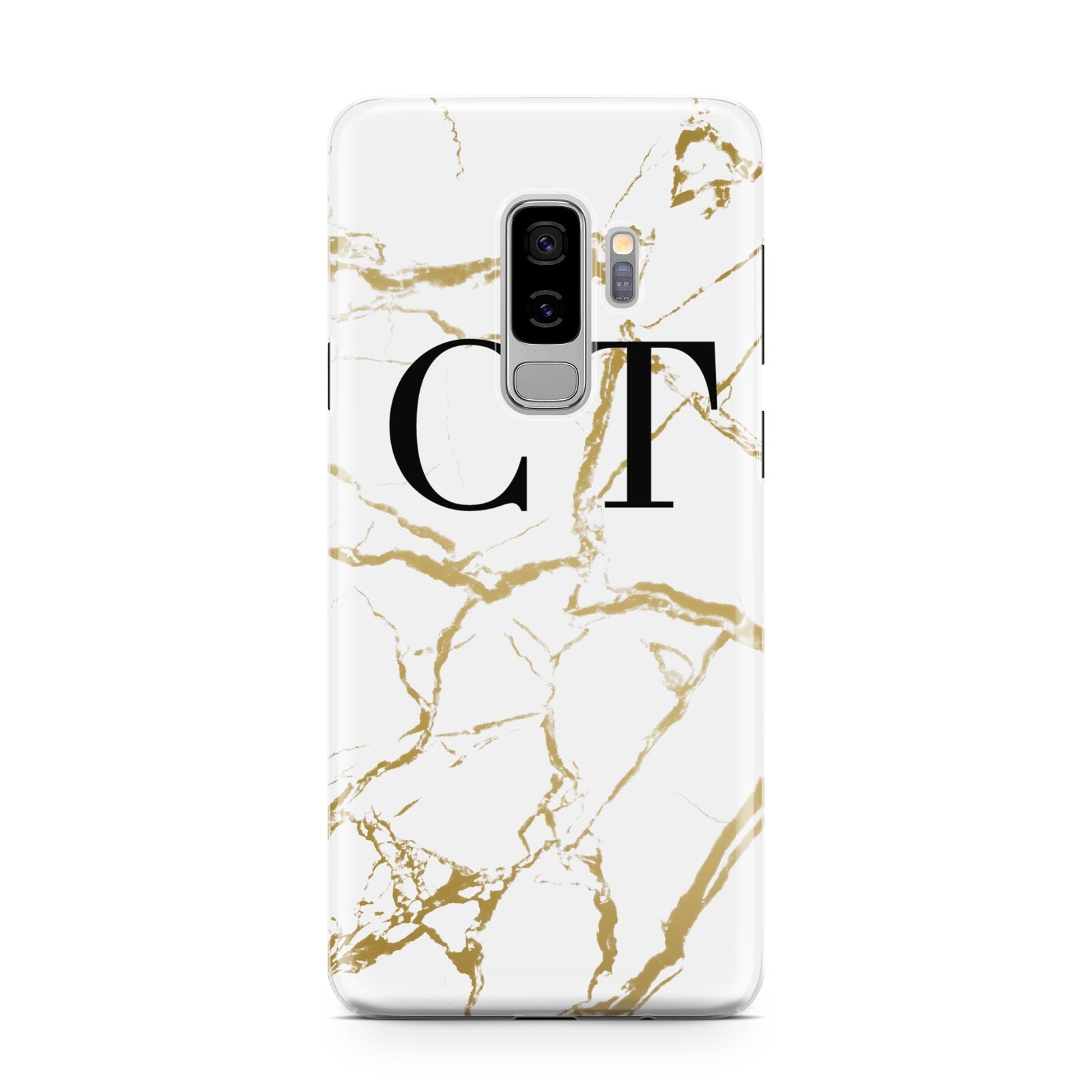 Personalised Gold Veins White Marble Monogram Samsung Galaxy S9 Plus Case on Silver phone