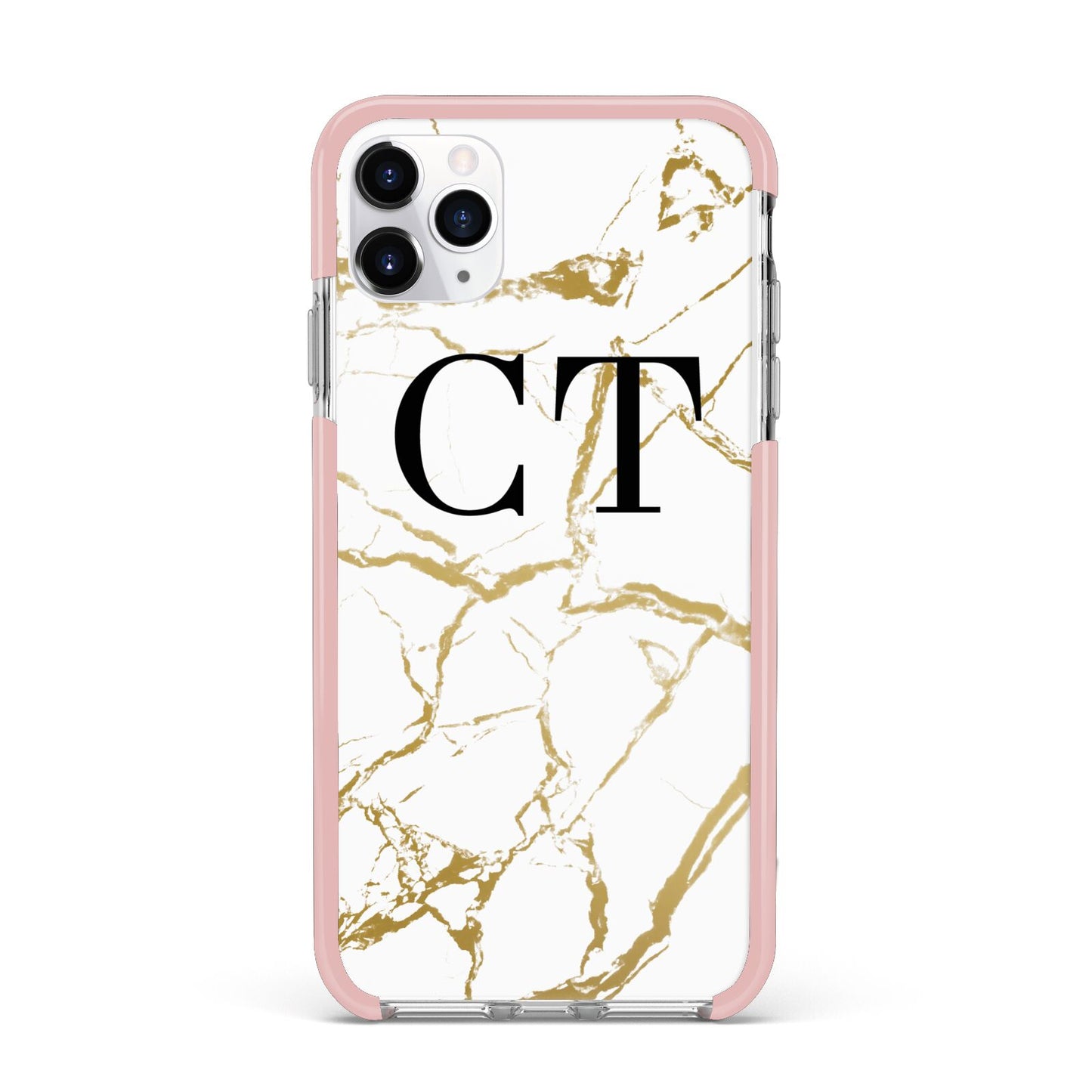 Personalised Gold Veins White Marble Monogram iPhone 11 Pro Max Impact Pink Edge Case