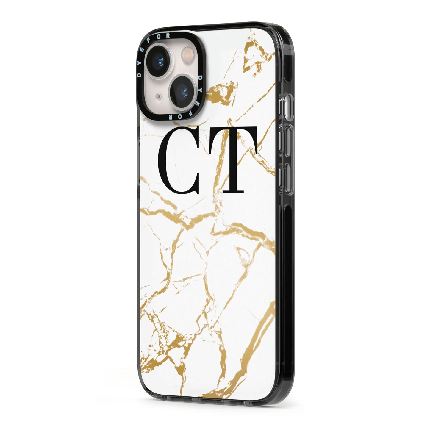 Personalised Gold Veins White Marble Monogram iPhone 13 Black Impact Case Side Angle on Silver phone