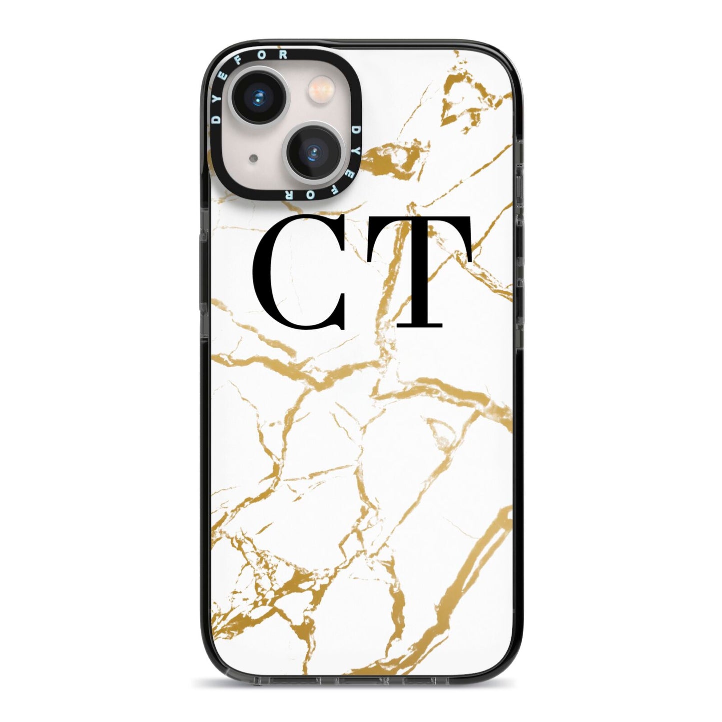Personalised Gold Veins White Marble Monogram iPhone 13 Black Impact Case on Silver phone
