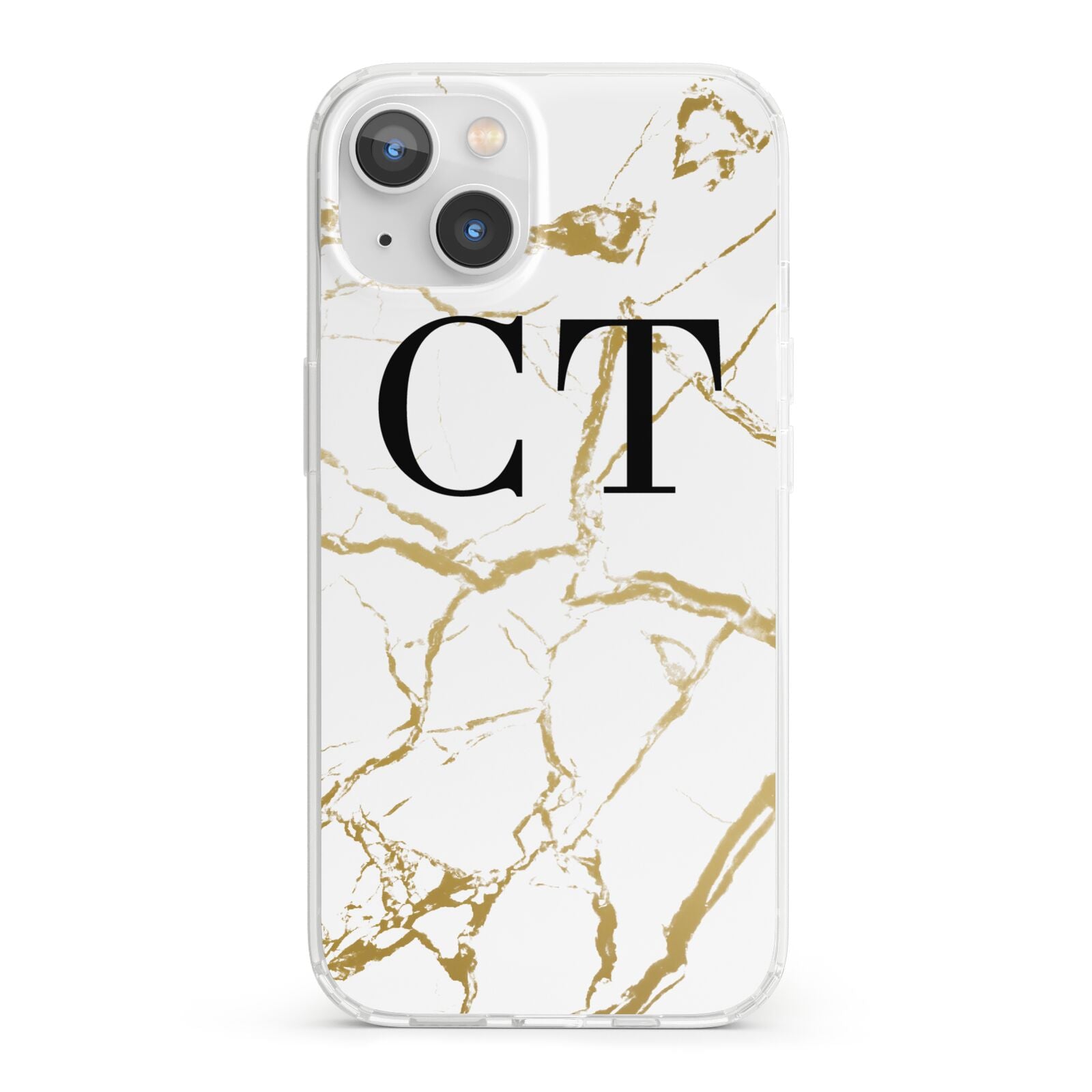 Personalised Gold Veins White Marble Monogram iPhone 13 Clear Bumper Case