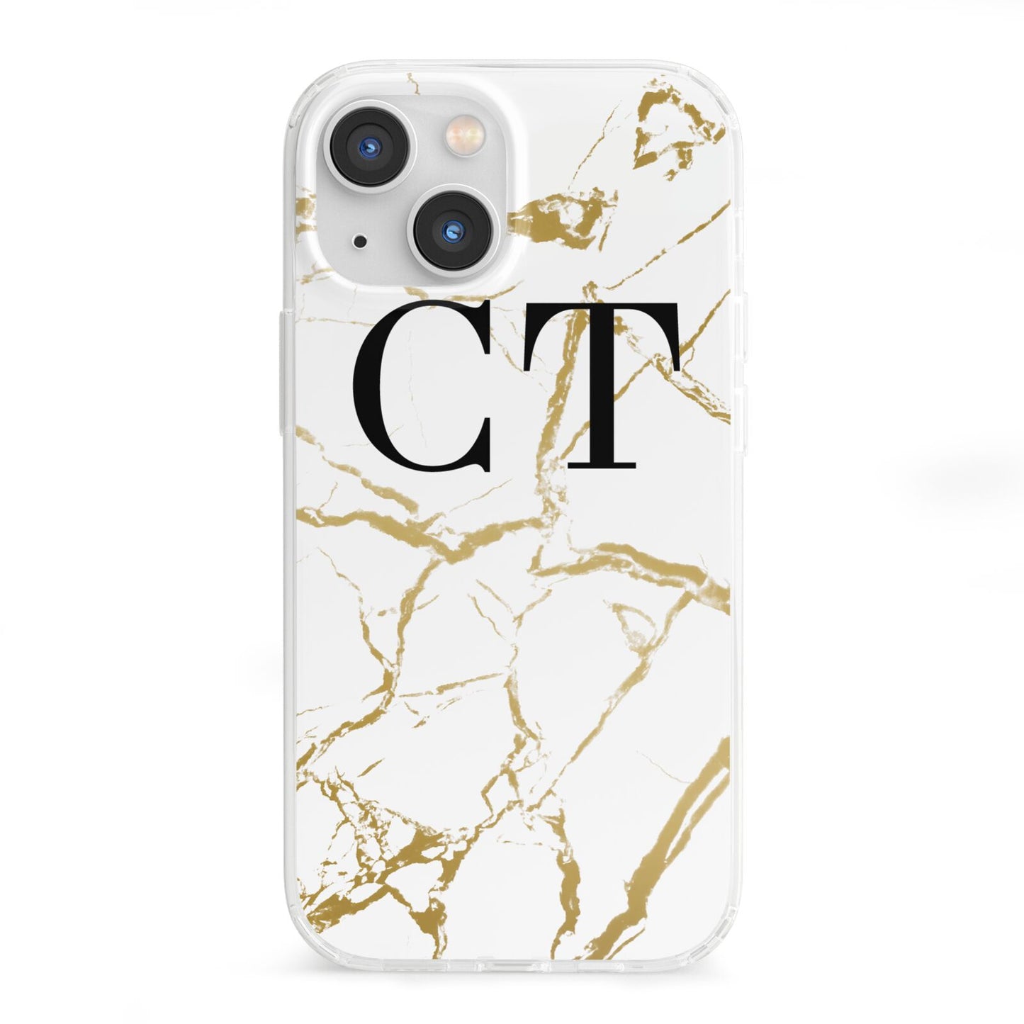 Personalised Gold Veins White Marble Monogram iPhone 13 Mini Clear Bumper Case