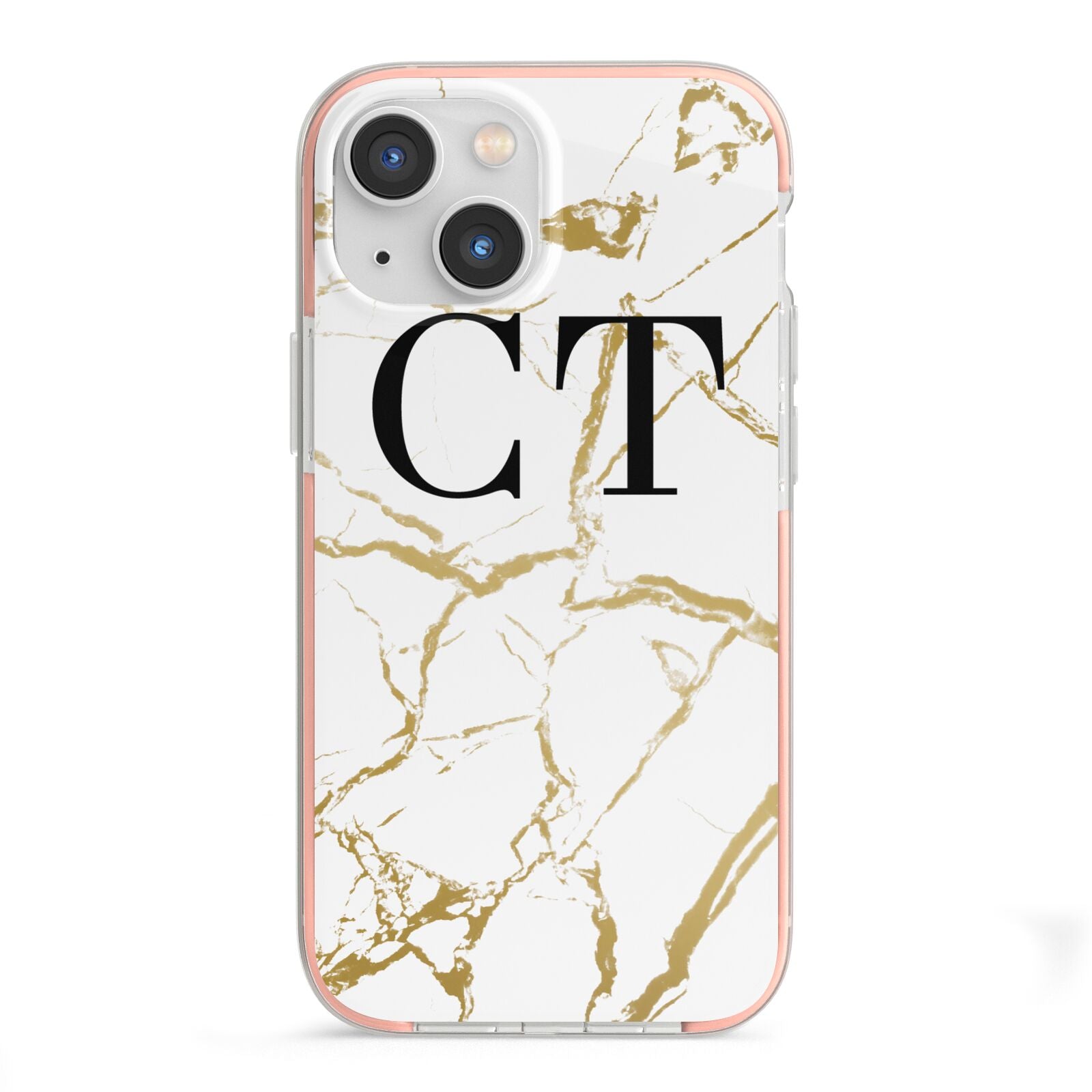 Personalised Gold Veins White Marble Monogram iPhone 13 Mini TPU Impact Case with Pink Edges