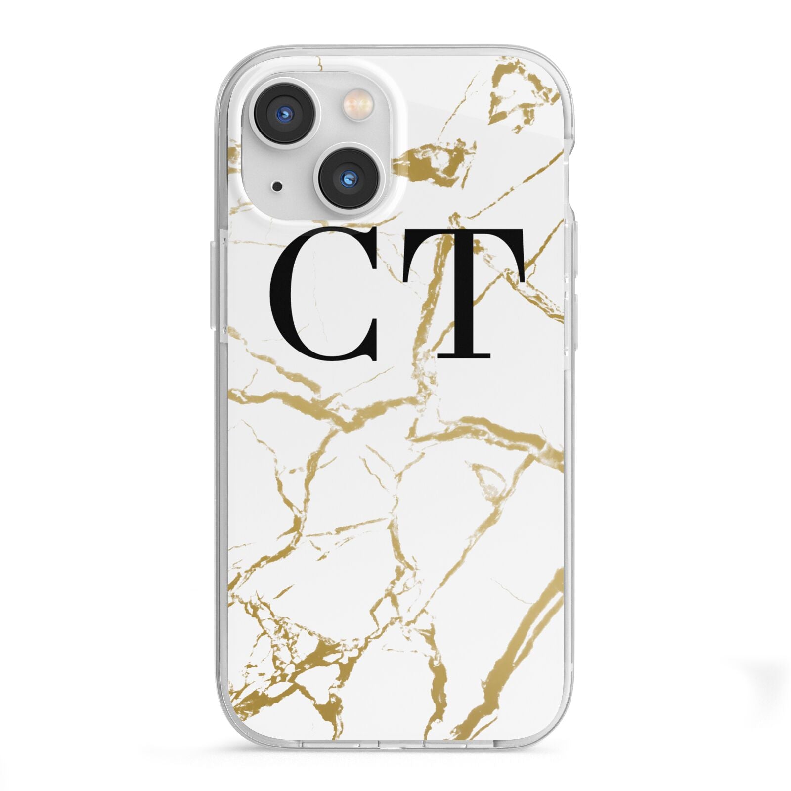 Personalised Gold Veins White Marble Monogram iPhone 13 Mini TPU Impact Case with White Edges