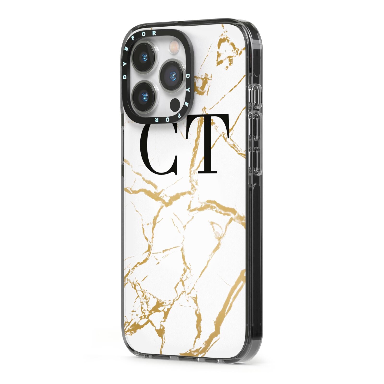 Personalised Gold Veins White Marble Monogram iPhone 13 Pro Black Impact Case Side Angle on Silver phone