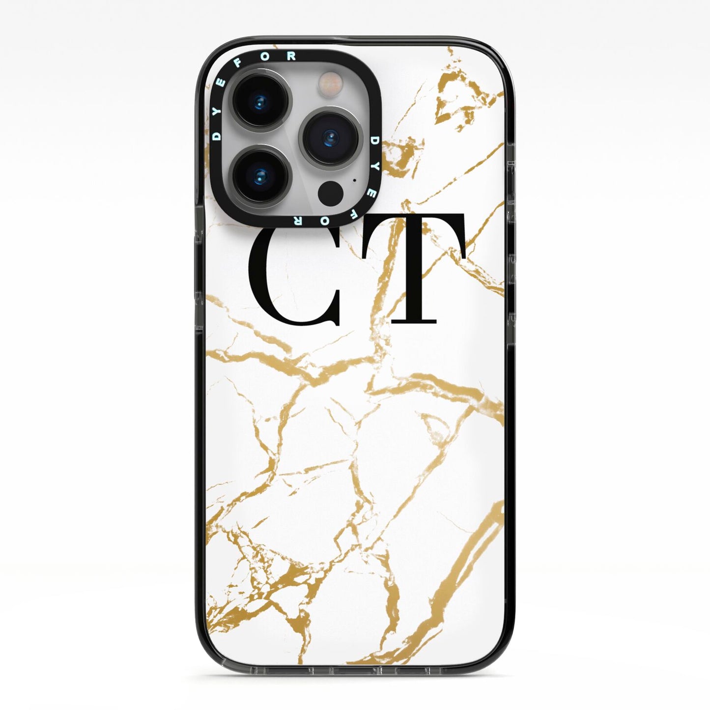 Personalised Gold Veins White Marble Monogram iPhone 13 Pro Black Impact Case on Silver phone