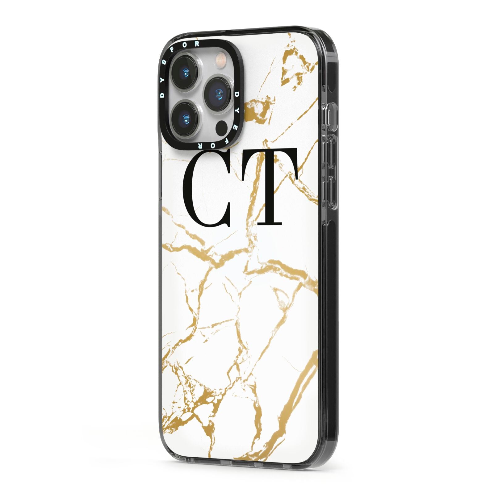 Personalised Gold Veins White Marble Monogram iPhone 13 Pro Max Black Impact Case Side Angle on Silver phone