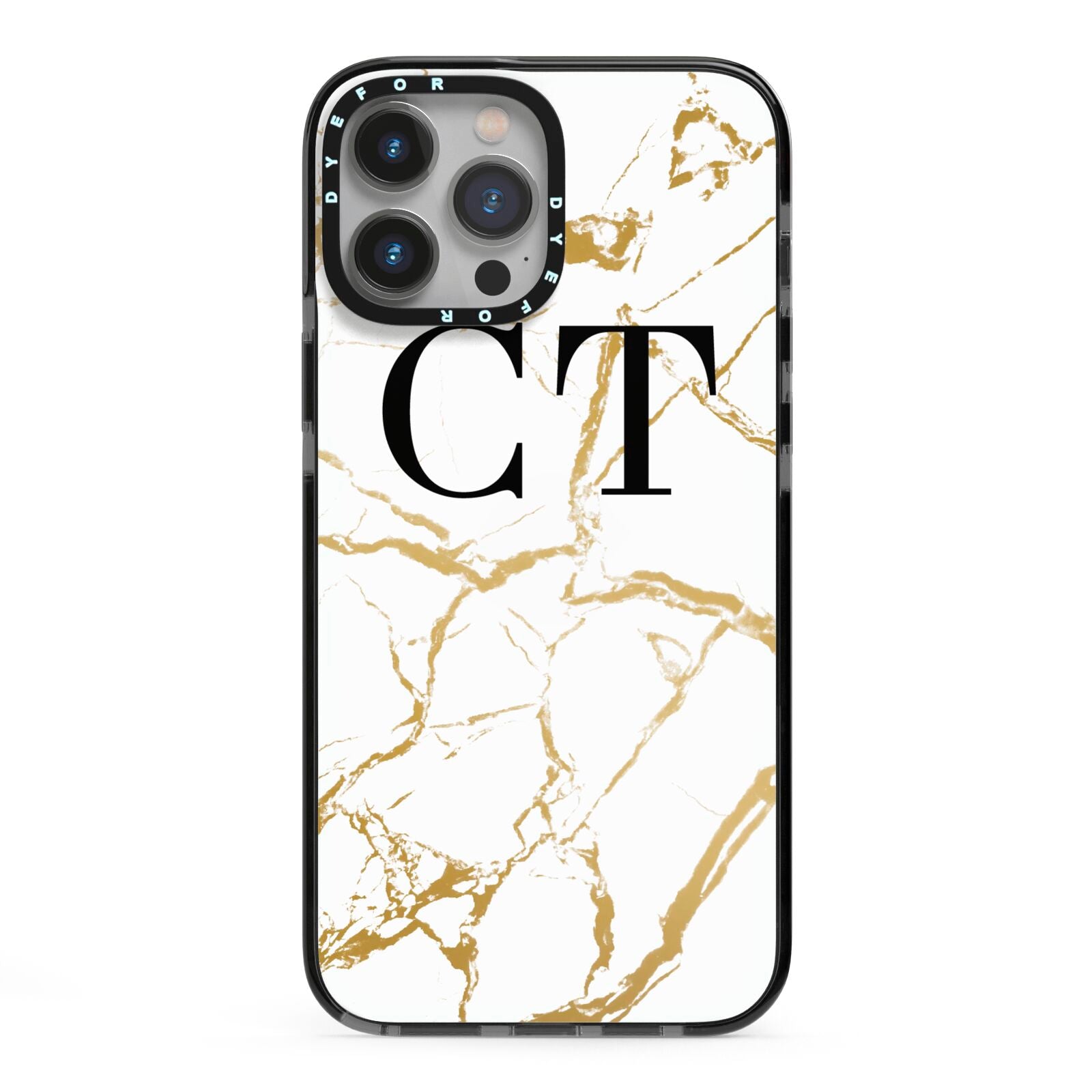 Personalised Gold Veins White Marble Monogram iPhone 13 Pro Max Black Impact Case on Silver phone