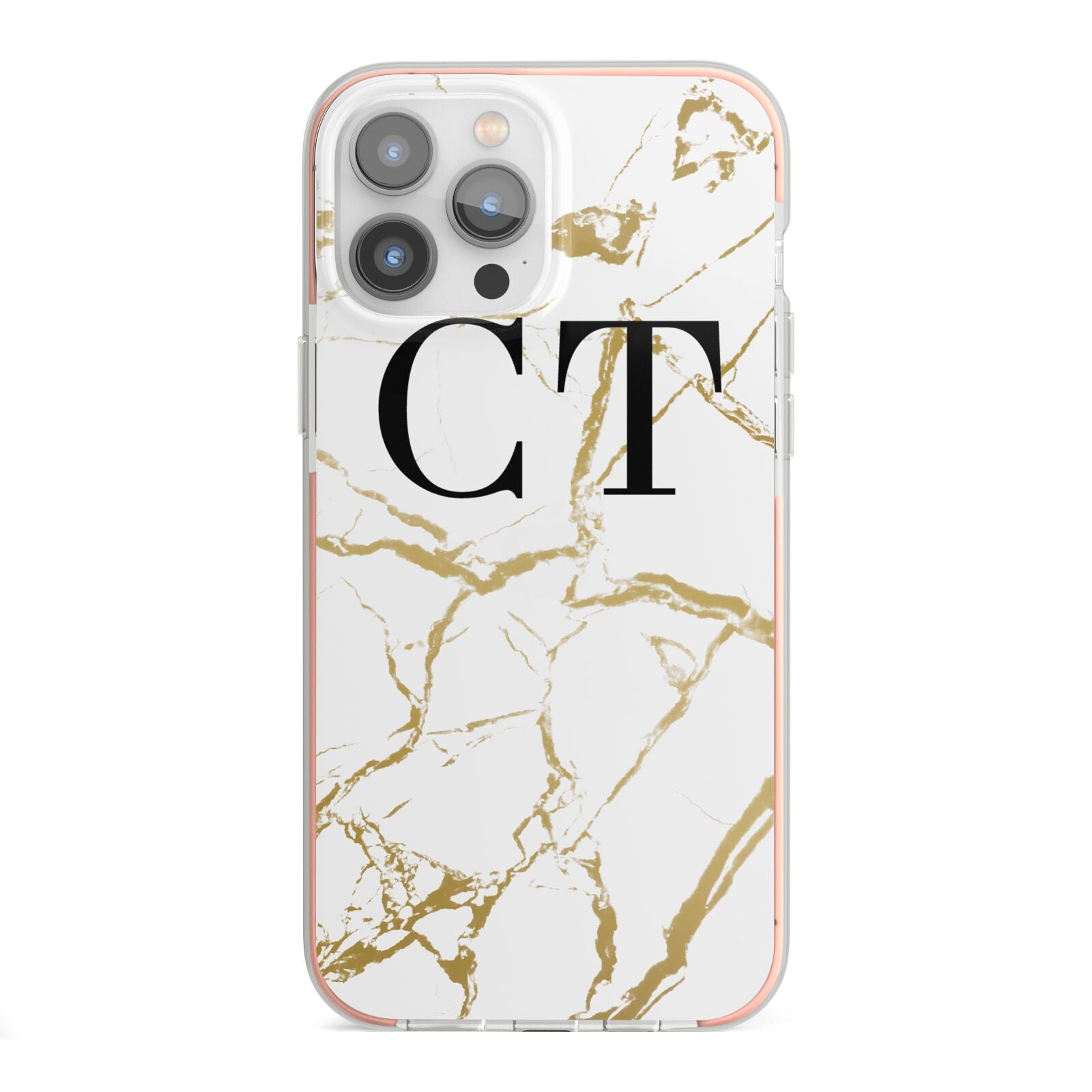 Personalised Gold Veins White Marble Monogram iPhone 13 Pro Max TPU Impact Case with Pink Edges