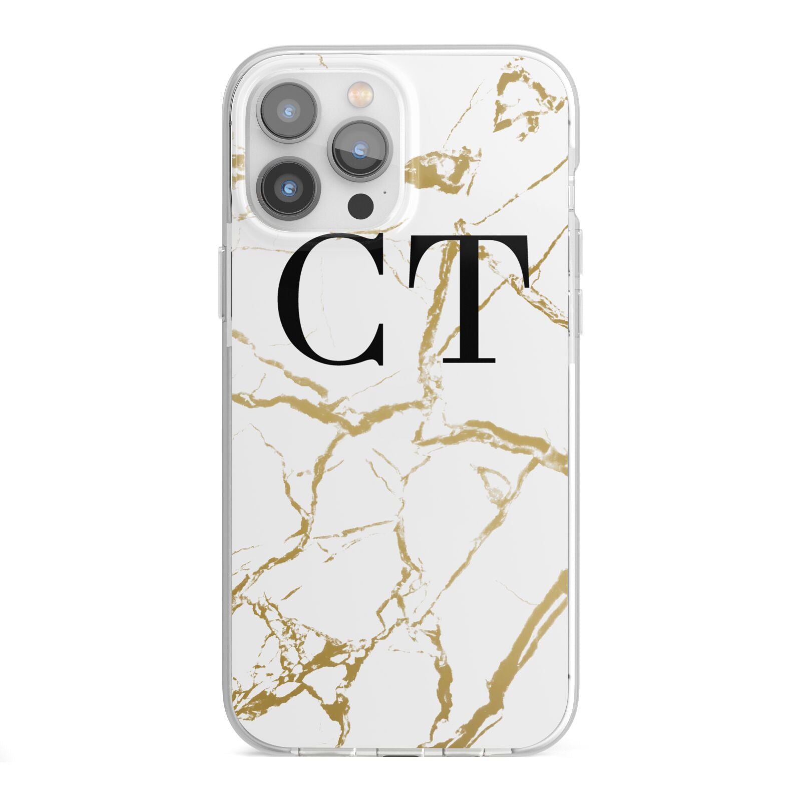 Personalised Gold Veins White Marble Monogram iPhone 13 Pro Max TPU Impact Case with White Edges