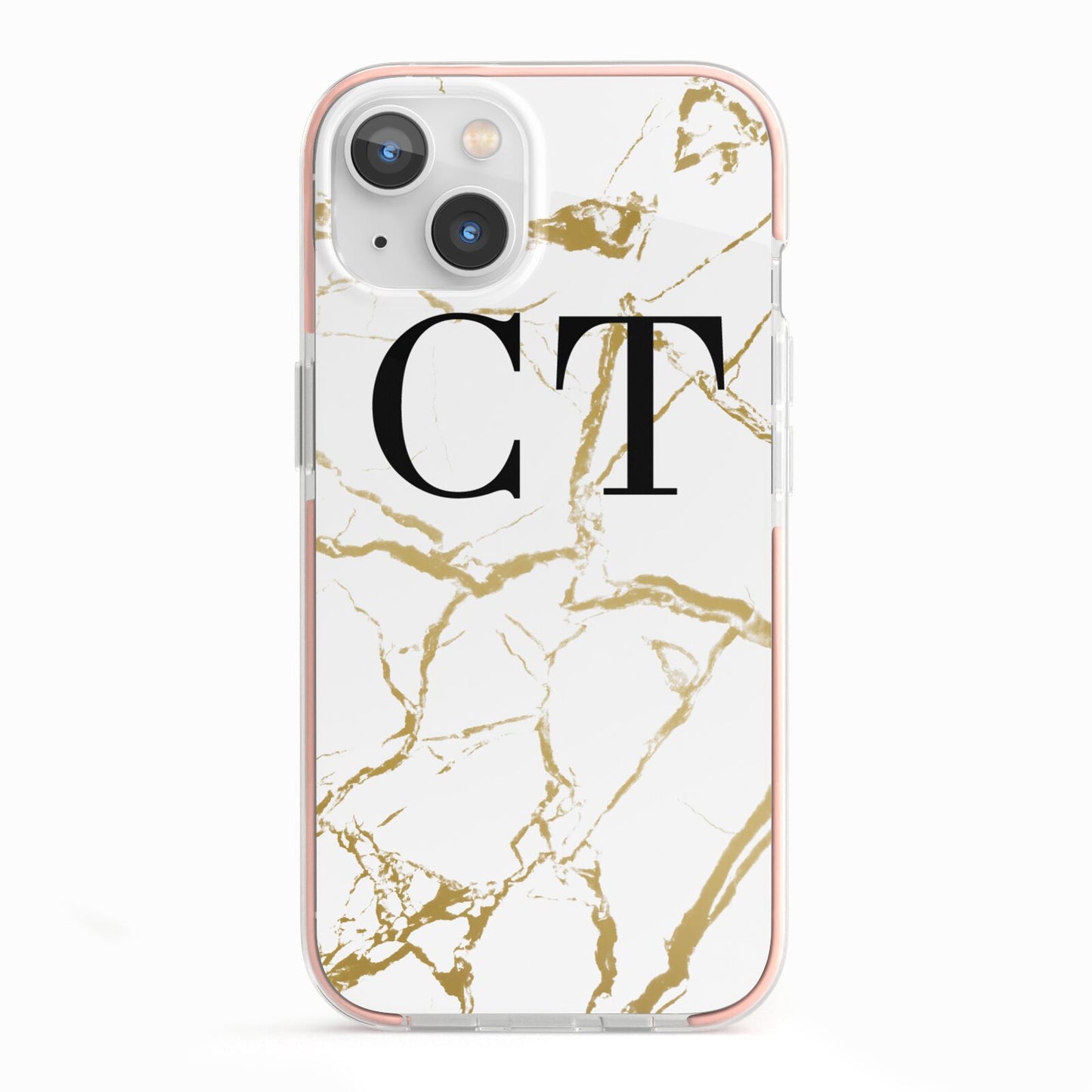 Personalised Gold Veins White Marble Monogram iPhone 13 TPU Impact Case with Pink Edges