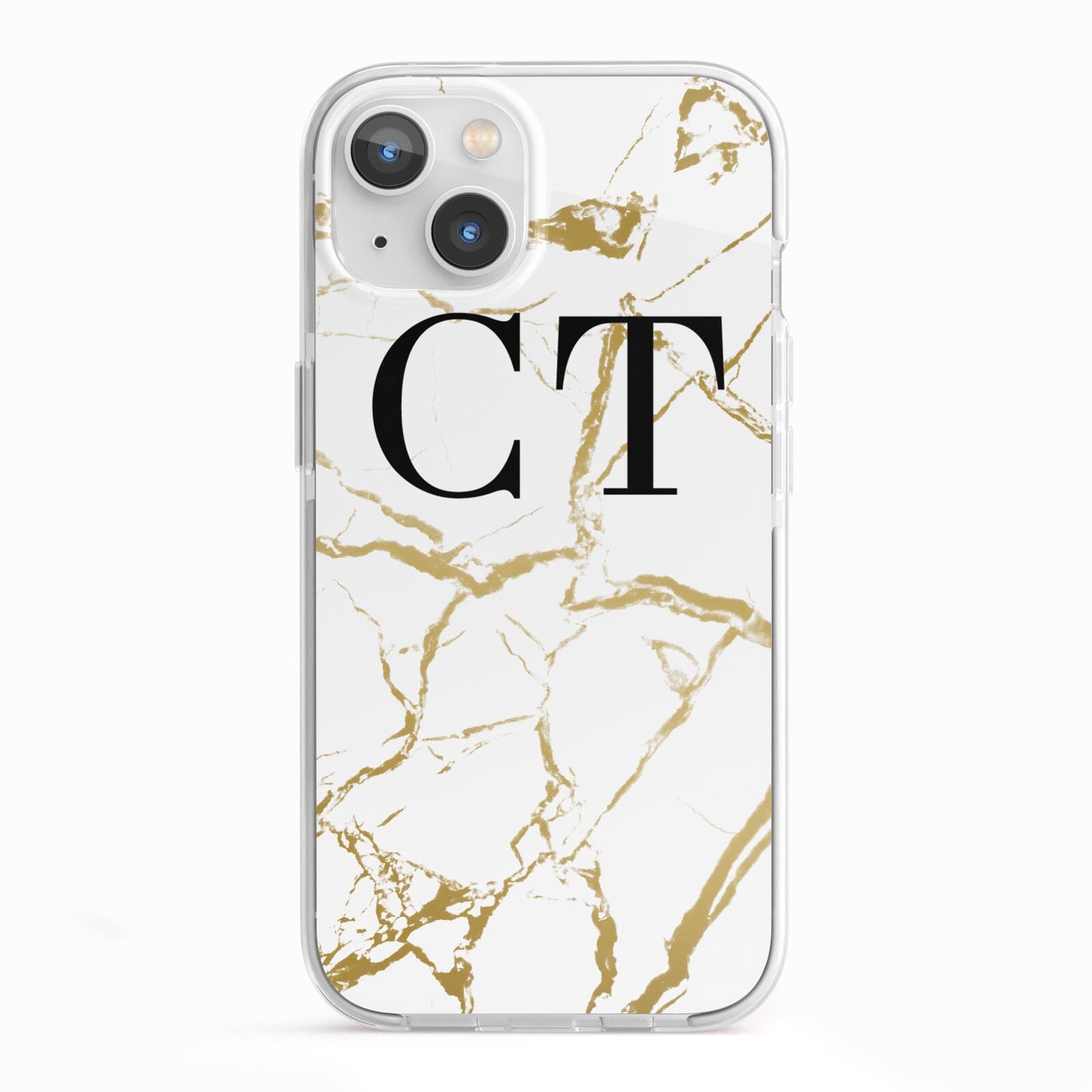 Personalised Gold Veins White Marble Monogram iPhone 13 TPU Impact Case with White Edges