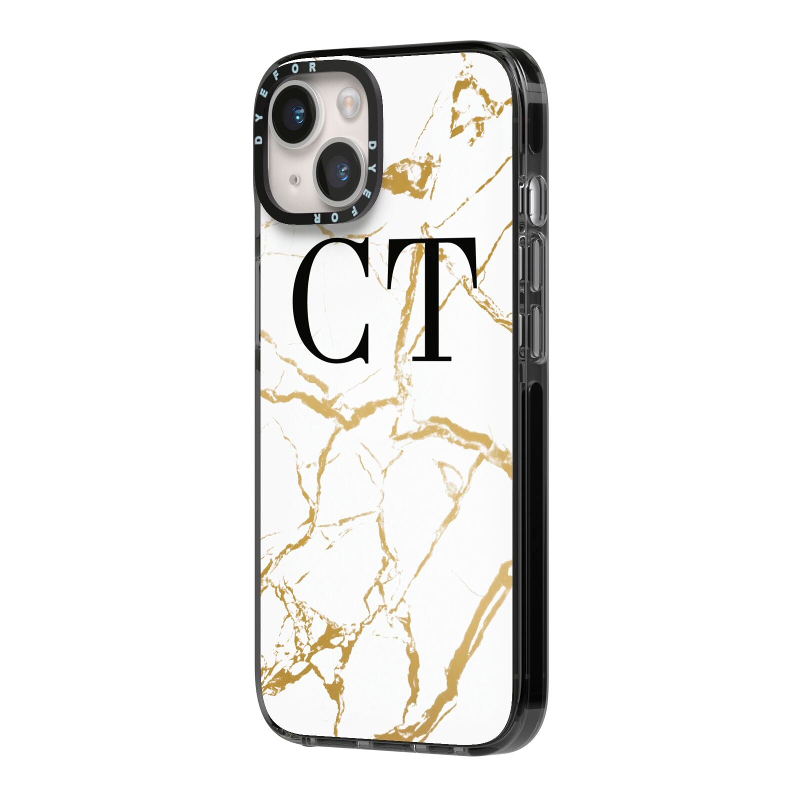 Personalised Gold Veins White Marble Monogram iPhone 14 Black Impact Case Side Angle on Silver phone