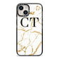 Personalised Gold Veins White Marble Monogram iPhone 14 Black Impact Case on Silver phone
