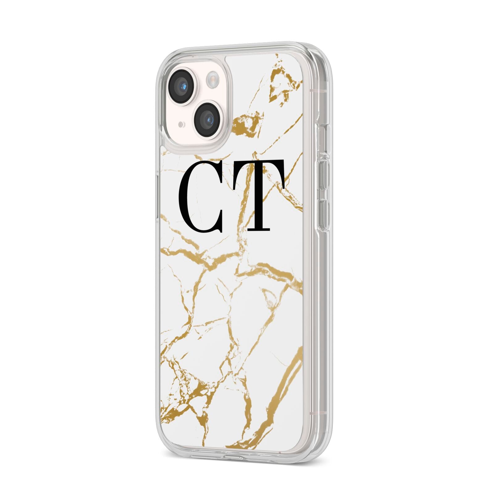 Personalised Gold Veins White Marble Monogram iPhone 14 Clear Tough Case Starlight Angled Image