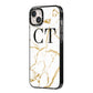 Personalised Gold Veins White Marble Monogram iPhone 14 Plus Black Impact Case Side Angle on Silver phone