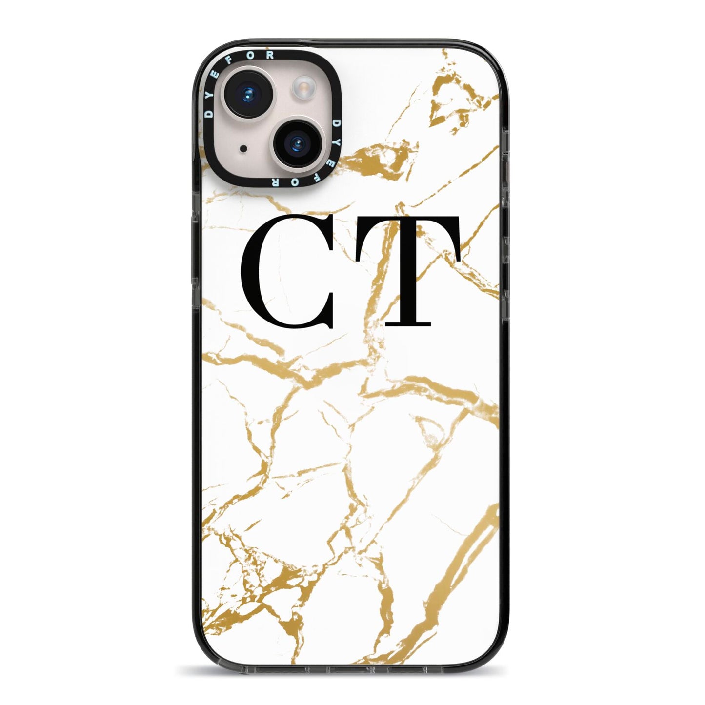 Personalised Gold Veins White Marble Monogram iPhone 14 Plus Black Impact Case on Silver phone