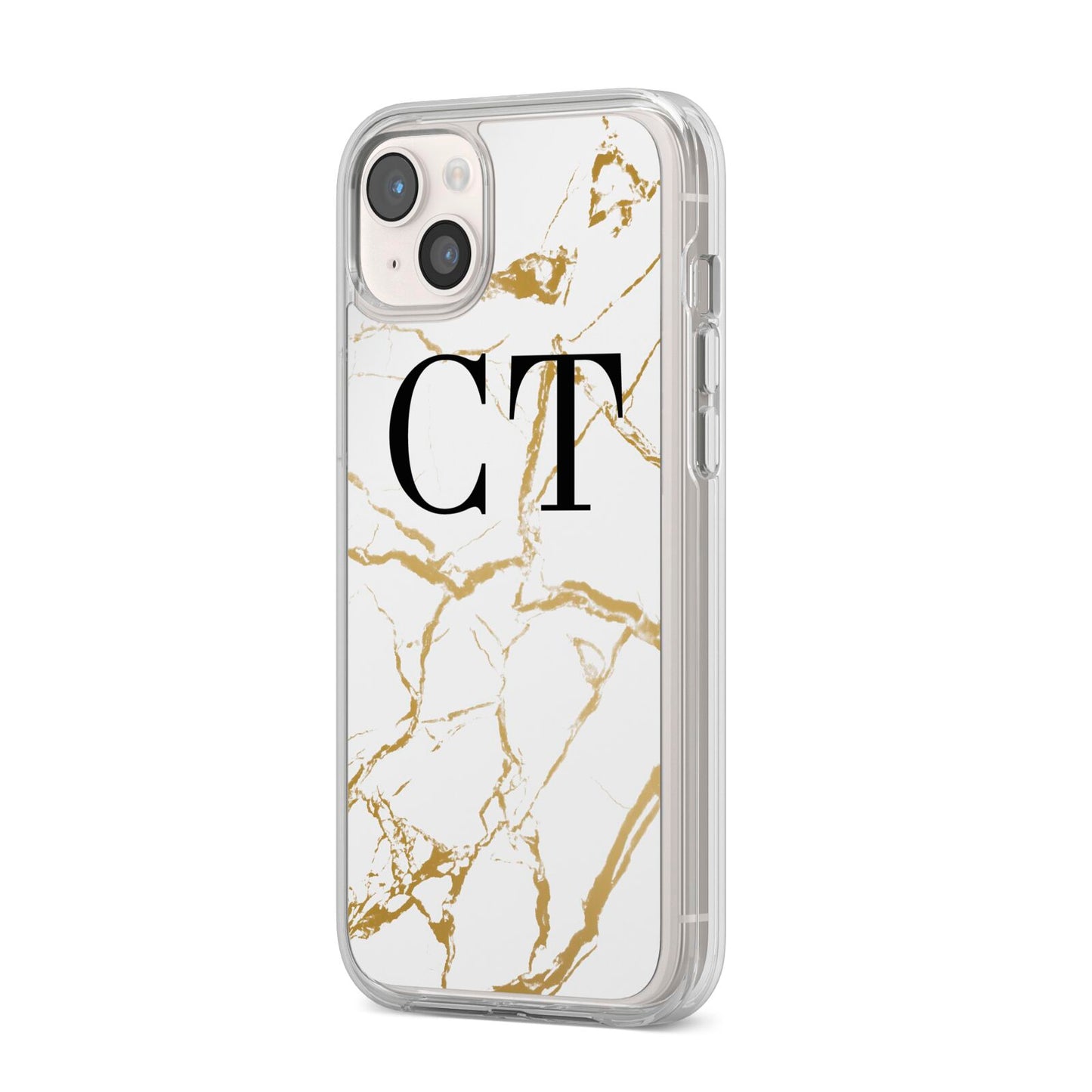 Personalised Gold Veins White Marble Monogram iPhone 14 Plus Clear Tough Case Starlight Angled Image