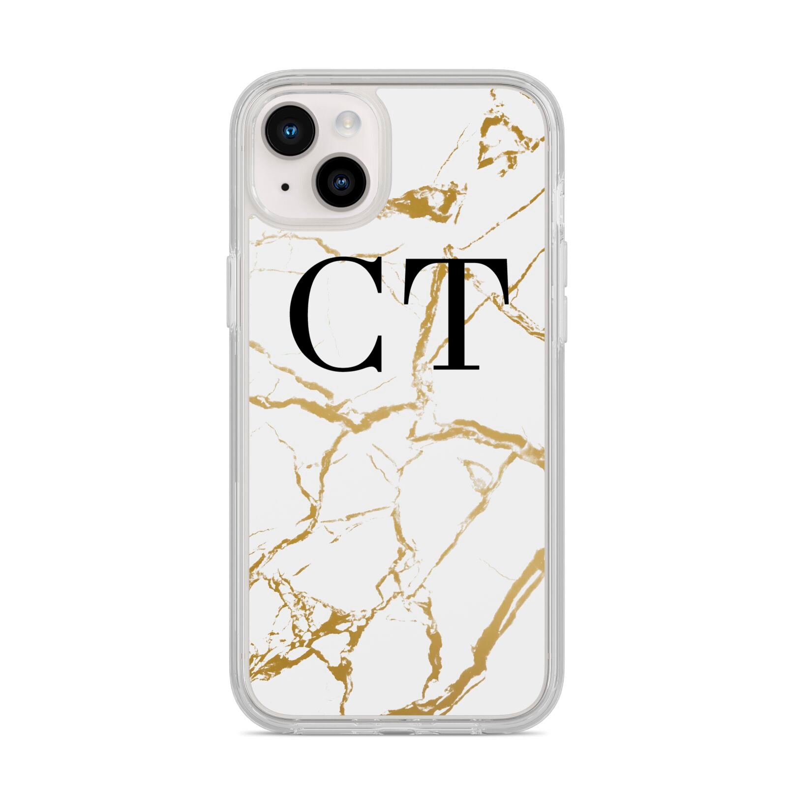 Personalised Gold Veins White Marble Monogram iPhone 14 Plus Clear Tough Case Starlight