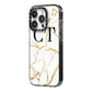 Personalised Gold Veins White Marble Monogram iPhone 14 Pro Black Impact Case Side Angle on Silver phone