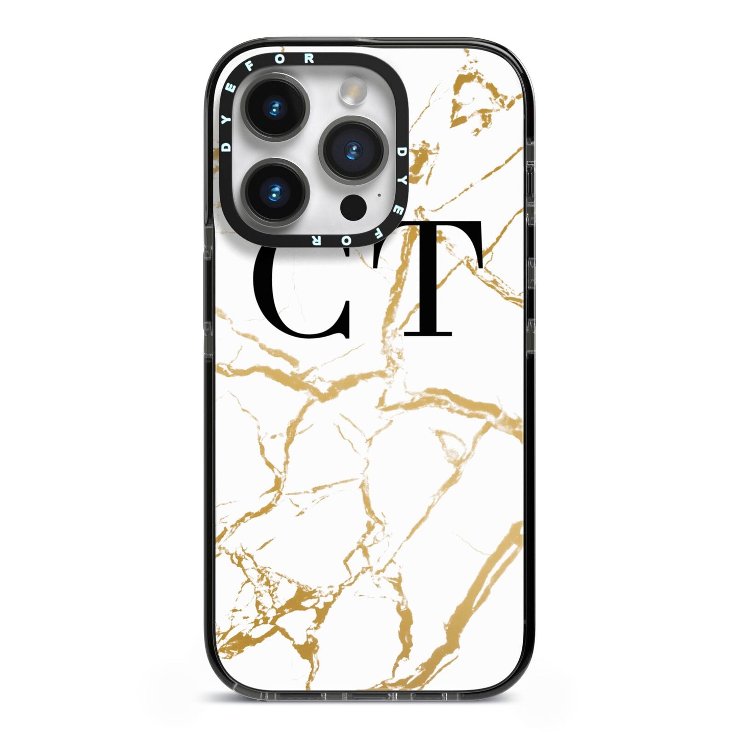 Personalised Gold Veins White Marble Monogram iPhone 14 Pro Black Impact Case on Silver phone