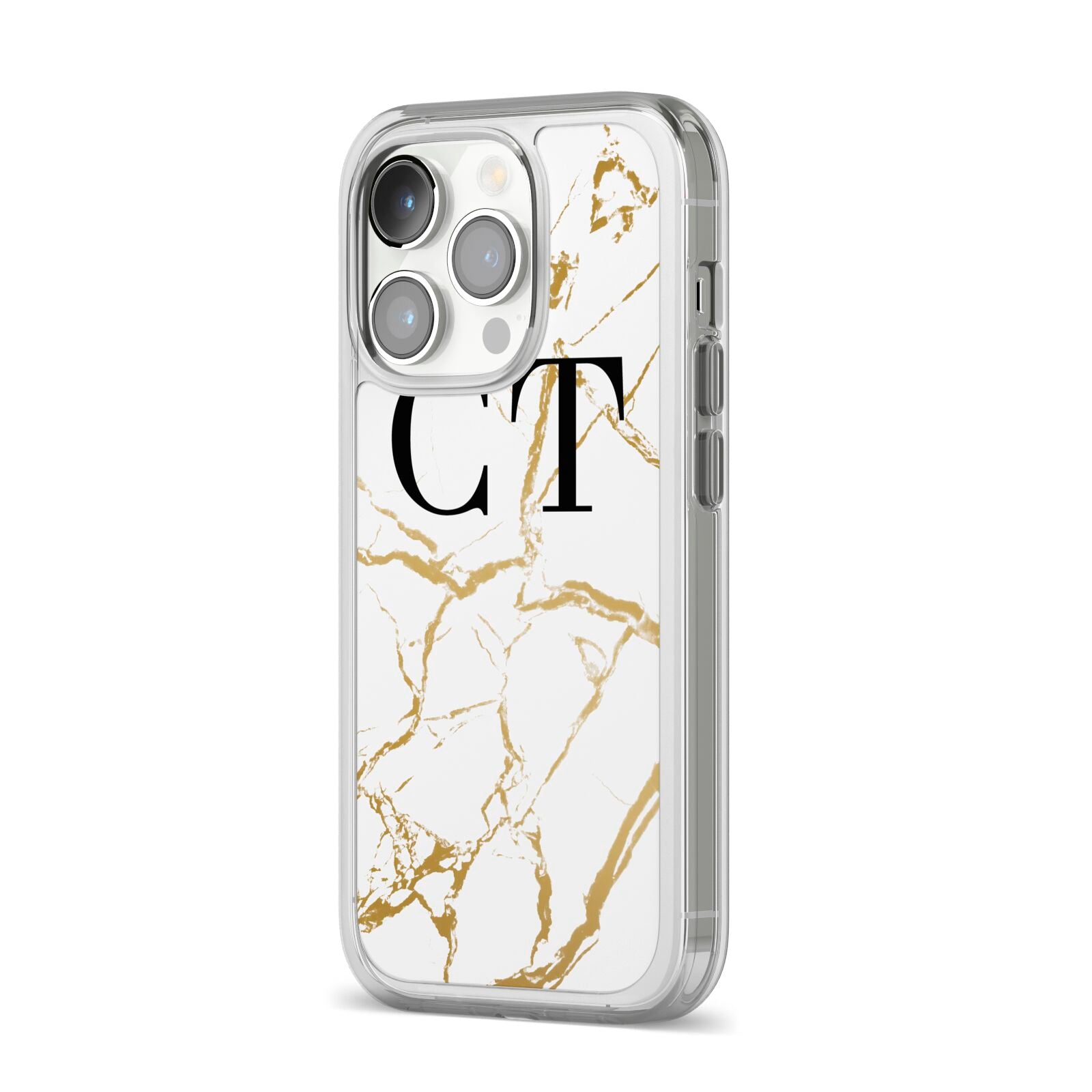 Personalised Gold Veins White Marble Monogram iPhone 14 Pro Clear Tough Case Silver Angled Image