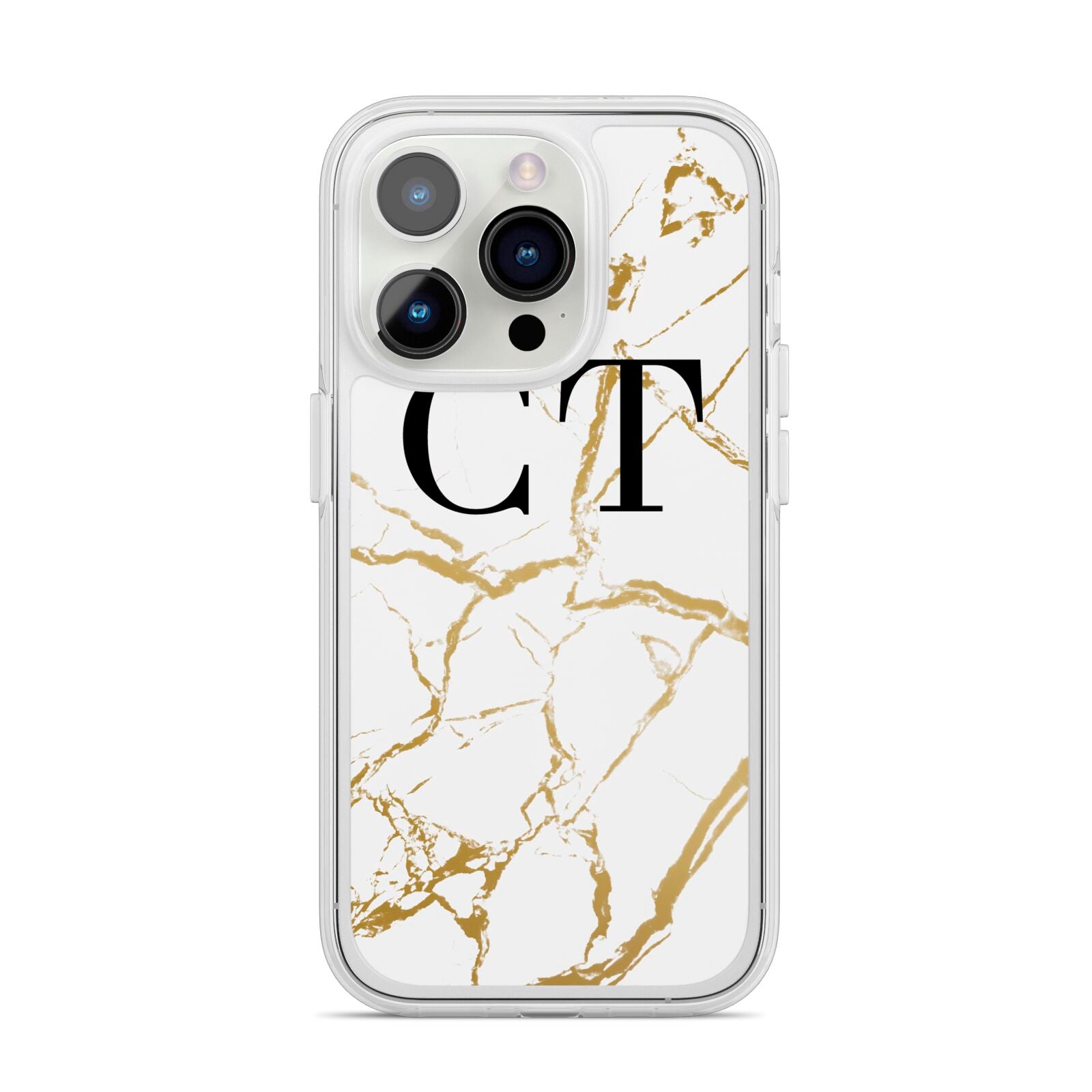 Personalised Gold Veins White Marble Monogram iPhone 14 Pro Clear Tough Case Silver