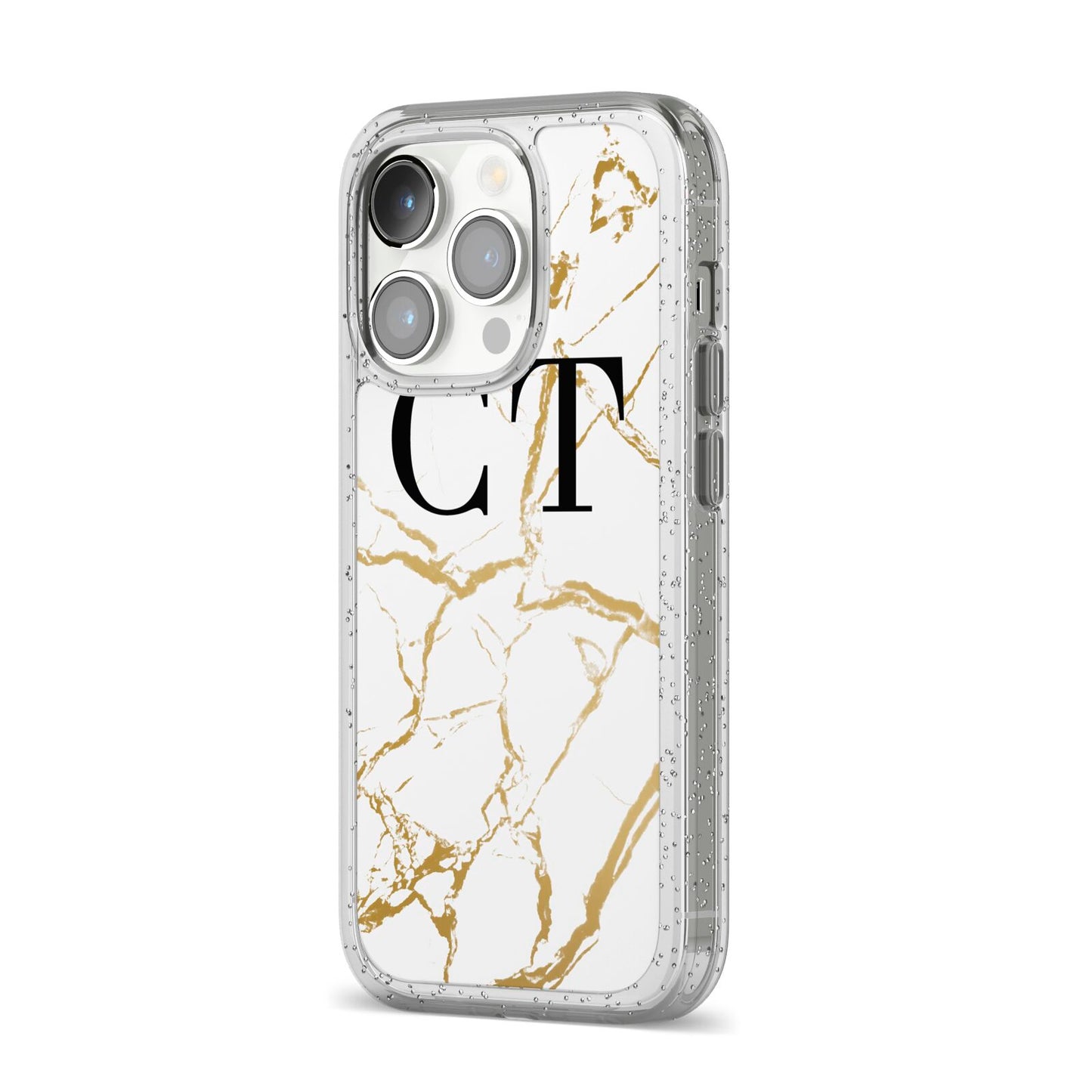 Personalised Gold Veins White Marble Monogram iPhone 14 Pro Glitter Tough Case Silver Angled Image