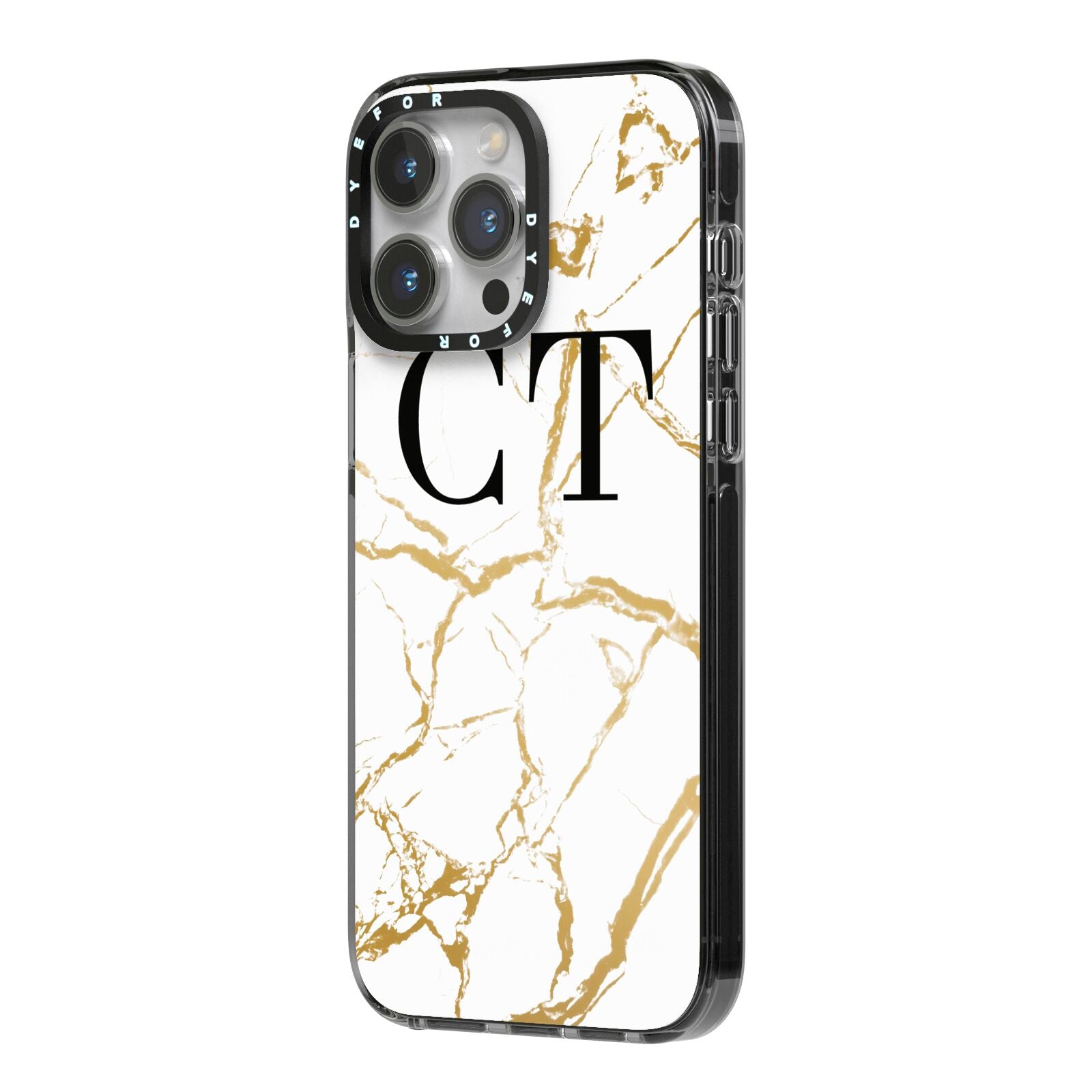 Personalised Gold Veins White Marble Monogram iPhone 14 Pro Max Black Impact Case Side Angle on Silver phone