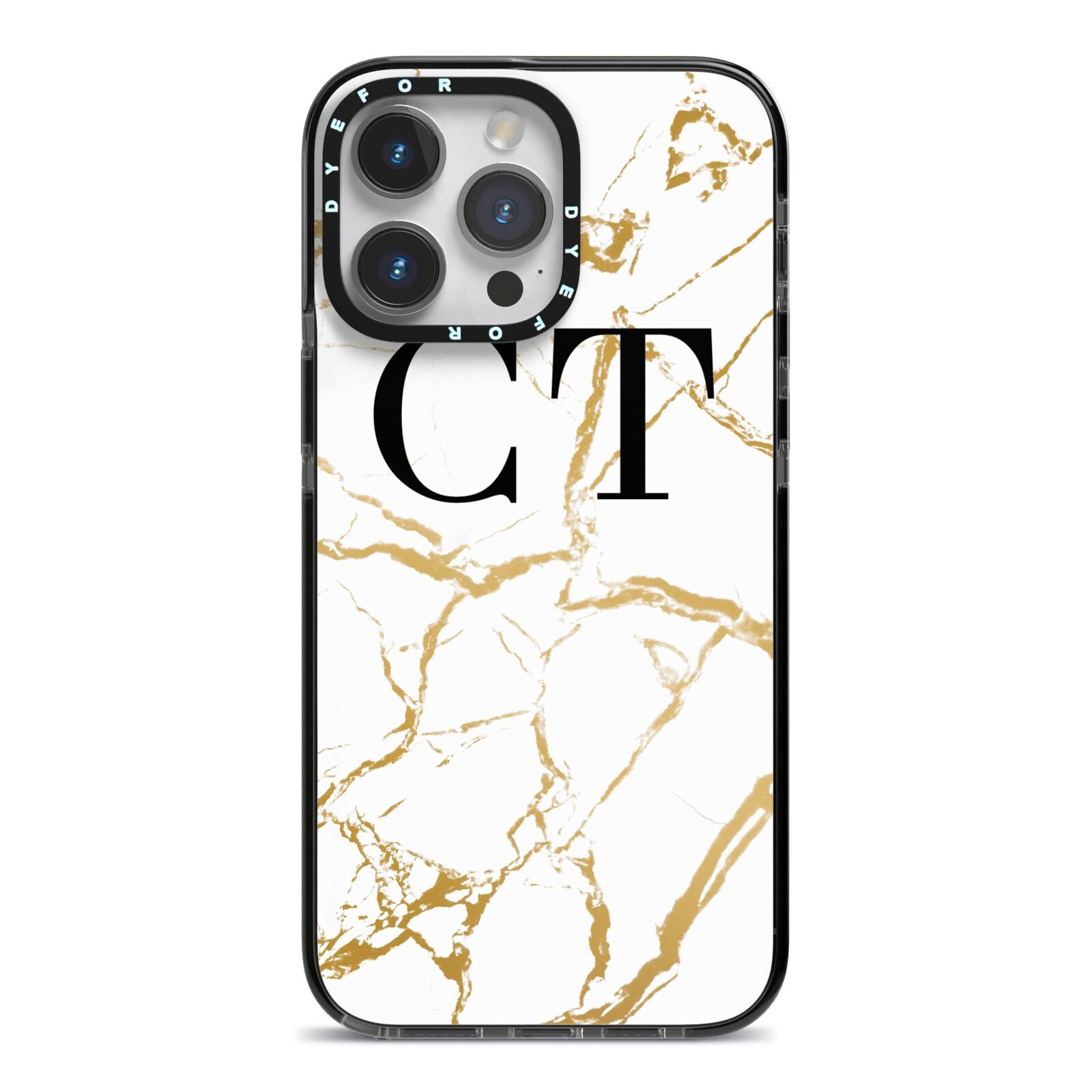 Personalised Gold Veins White Marble Monogram iPhone 14 Pro Max Black Impact Case on Silver phone