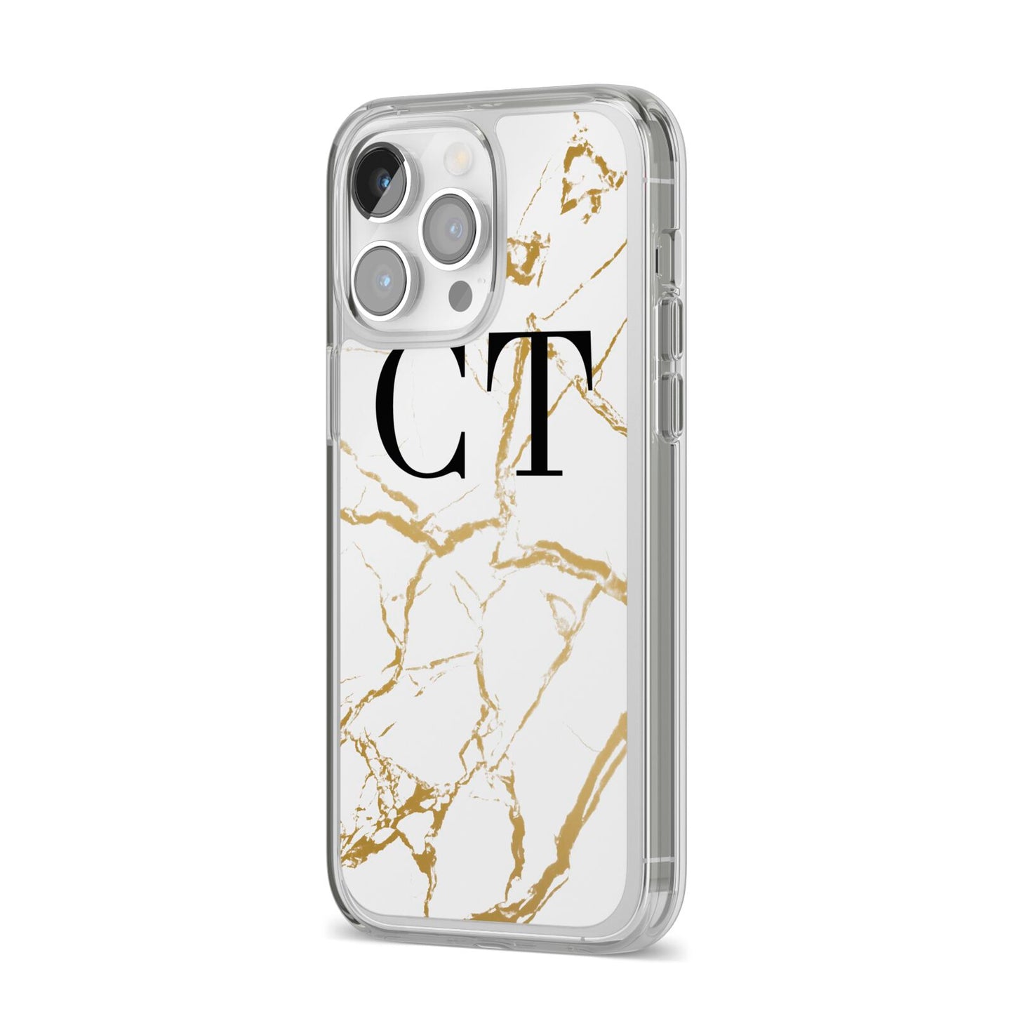 Personalised Gold Veins White Marble Monogram iPhone 14 Pro Max Clear Tough Case Silver Angled Image