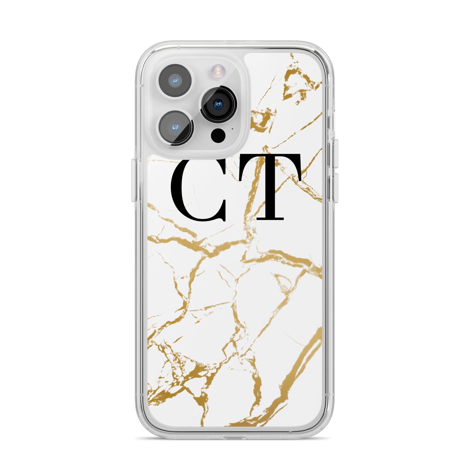 Personalised Gold Veins White Marble Monogram iPhone 14 Pro Max Clear Tough Case Silver