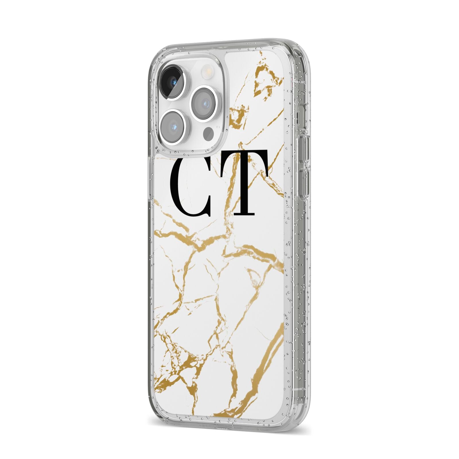 Personalised Gold Veins White Marble Monogram iPhone 14 Pro Max Glitter Tough Case Silver Angled Image
