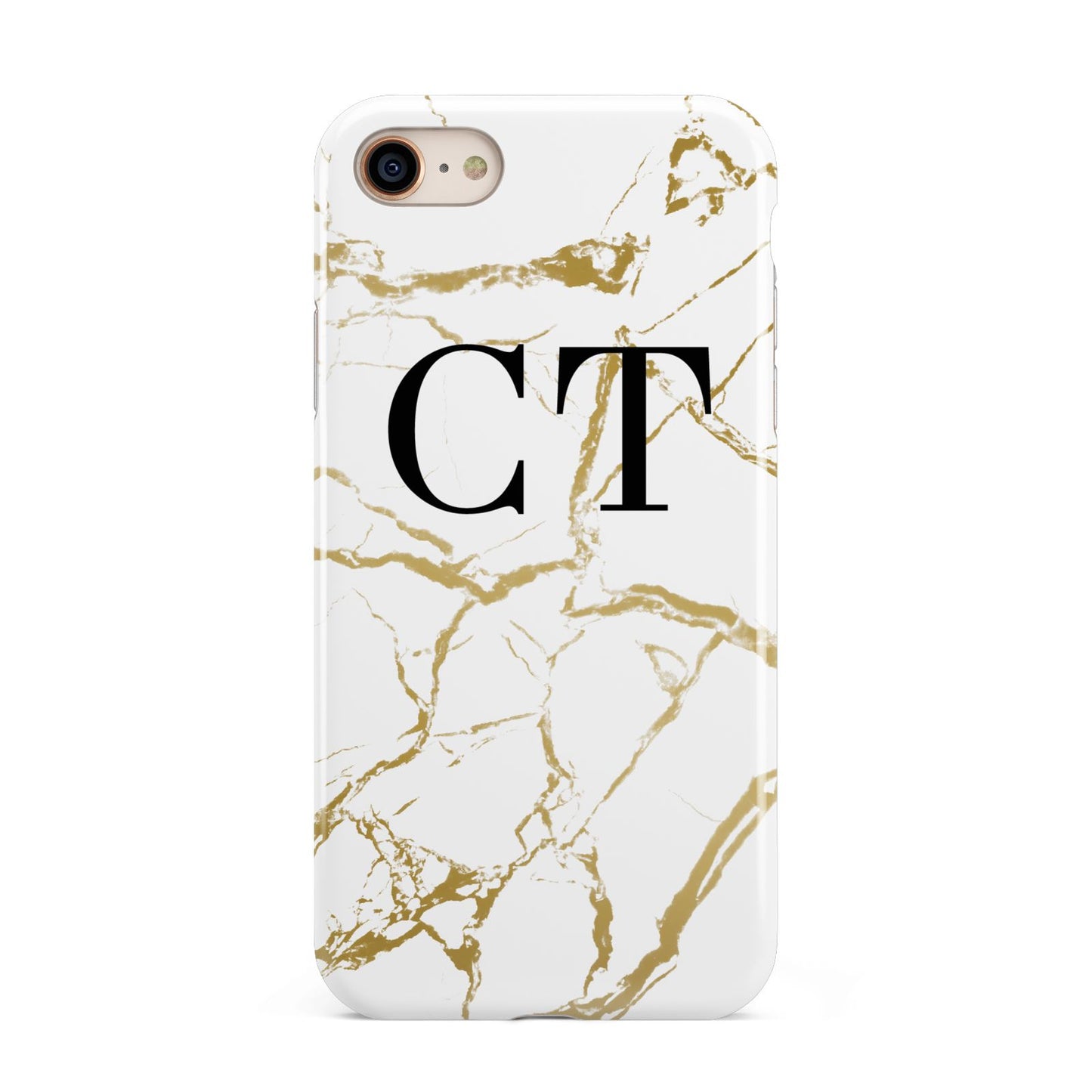 Personalised Gold Veins White Marble Monogram iPhone 8 3D Tough Case on Gold Phone