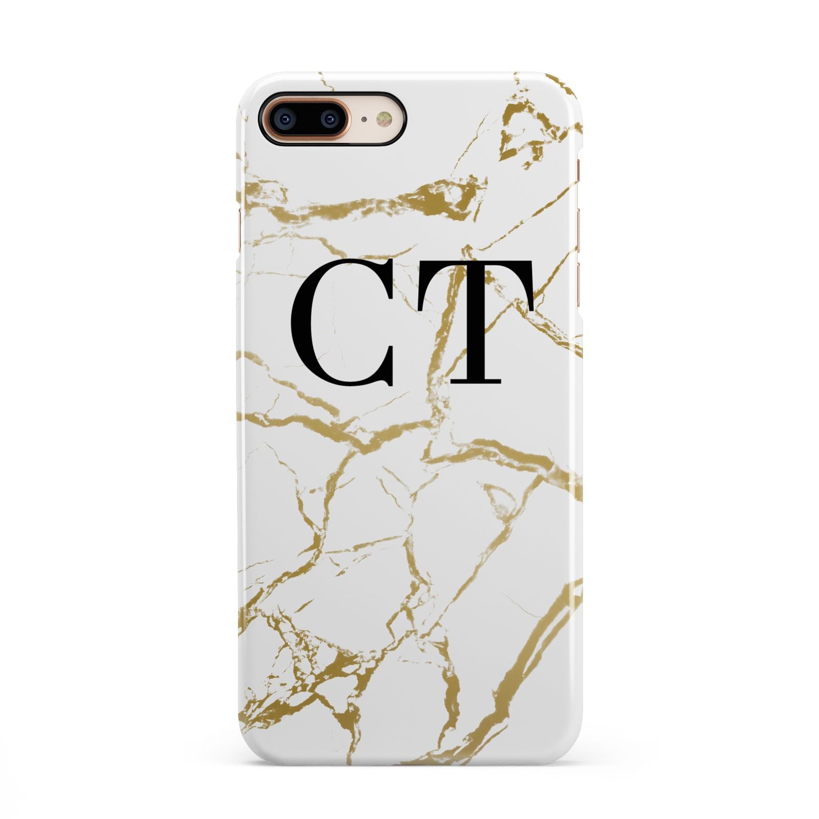 Personalised Gold Veins White Marble Monogram iPhone 8 Plus 3D Snap Case on Gold Phone